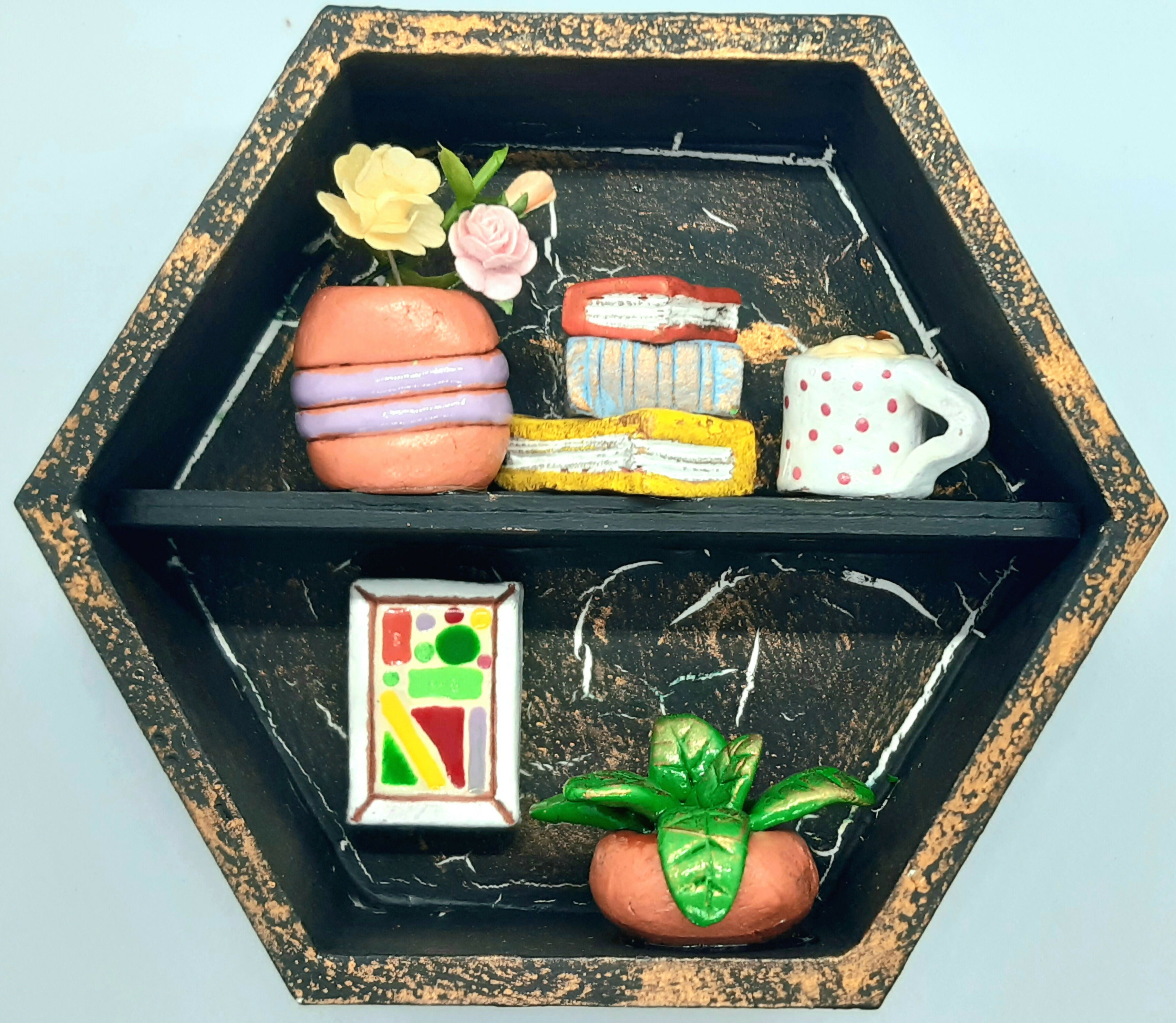 Shelf Clay Trinket Filled Hexagonal Diorama Decoration