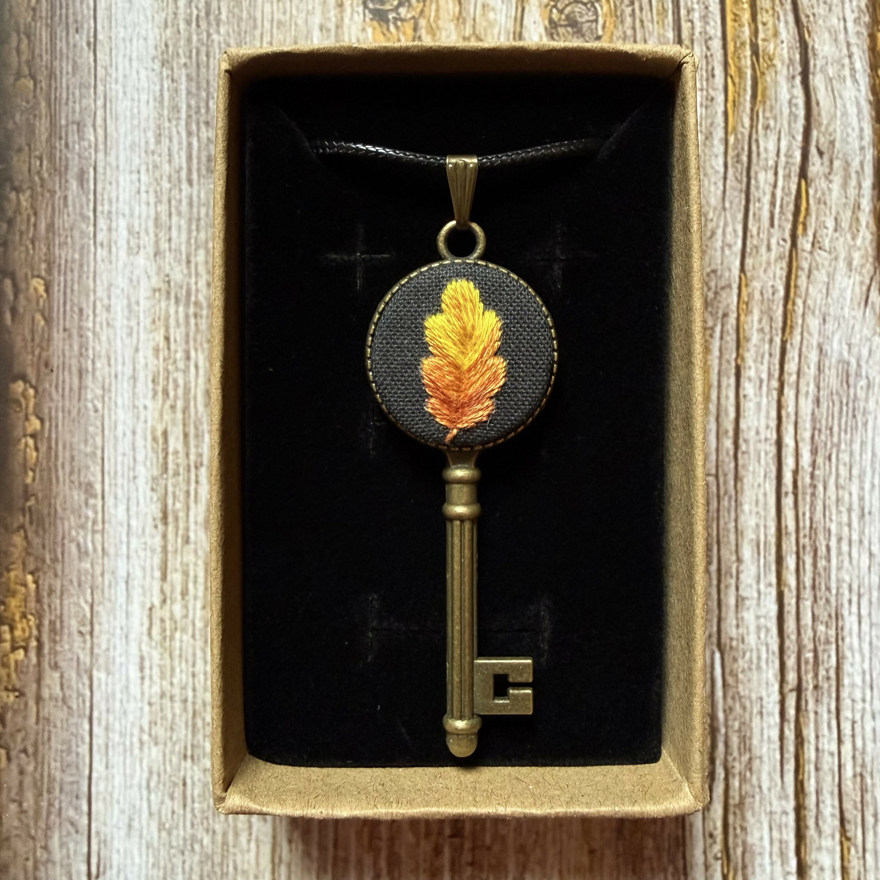 Hand Embroidered Autumnal Oak Leaf Key Necklace