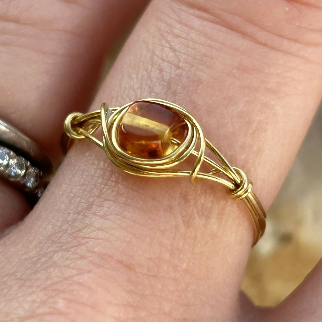 Handmade Gold Vermeil Wire Wrapped Amber Ring
