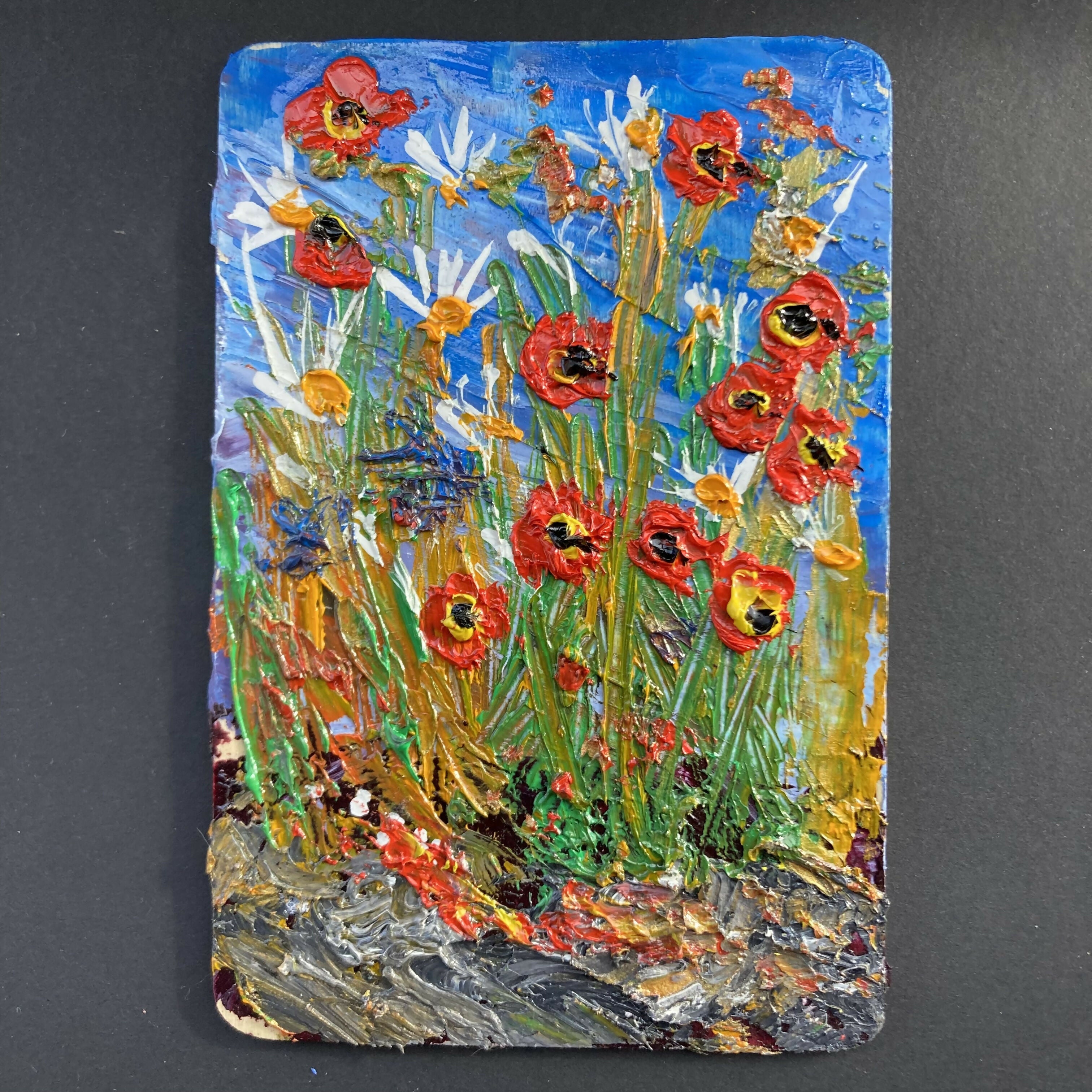 Close Up Poppies & Daisies - Black Framed Original Oil Painting On Wood