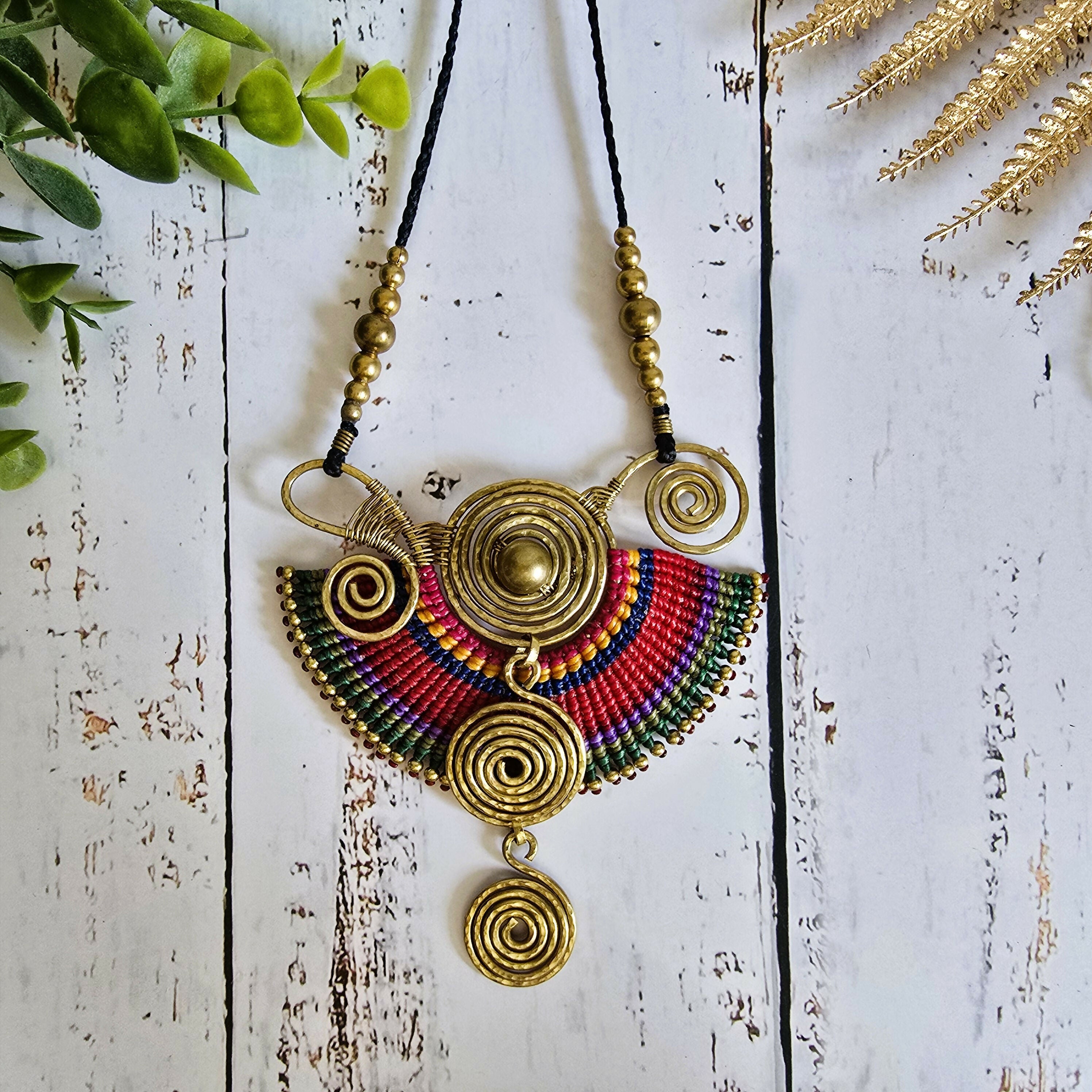 Sahara Necklace; Bold Rainbow Macramé Statement Pendant with Gold Spiral Wire Art