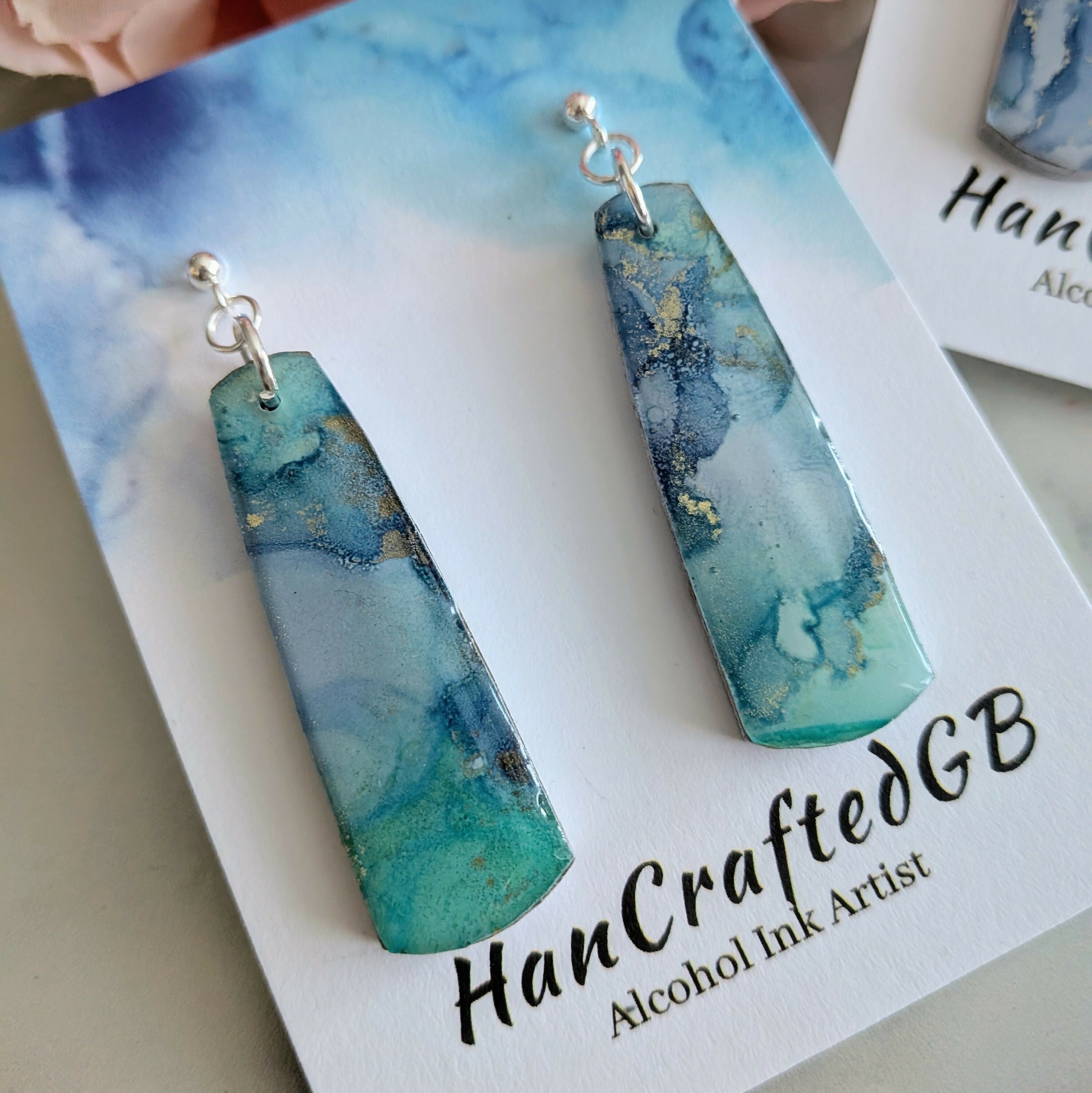 Navy Mint Stud Dangle Silver Earrings, Alcohol Ink Art