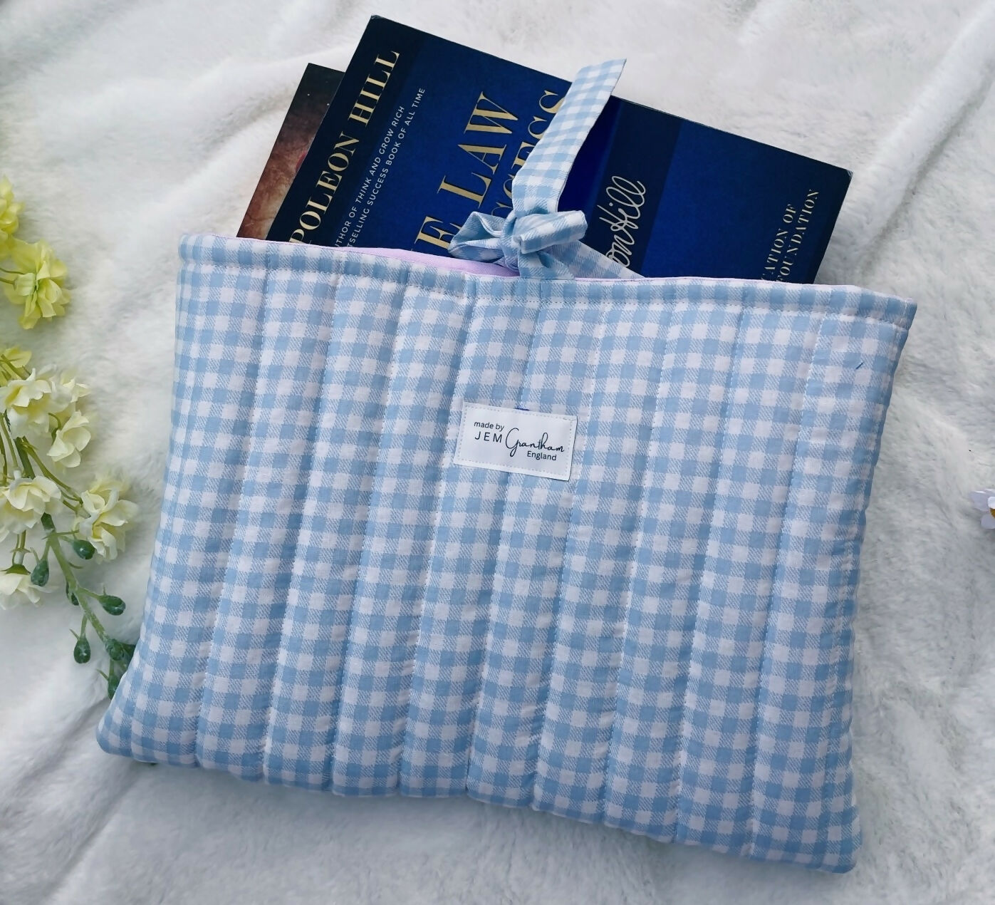 Handmade Quilted Book Sleeve Blue Gingham