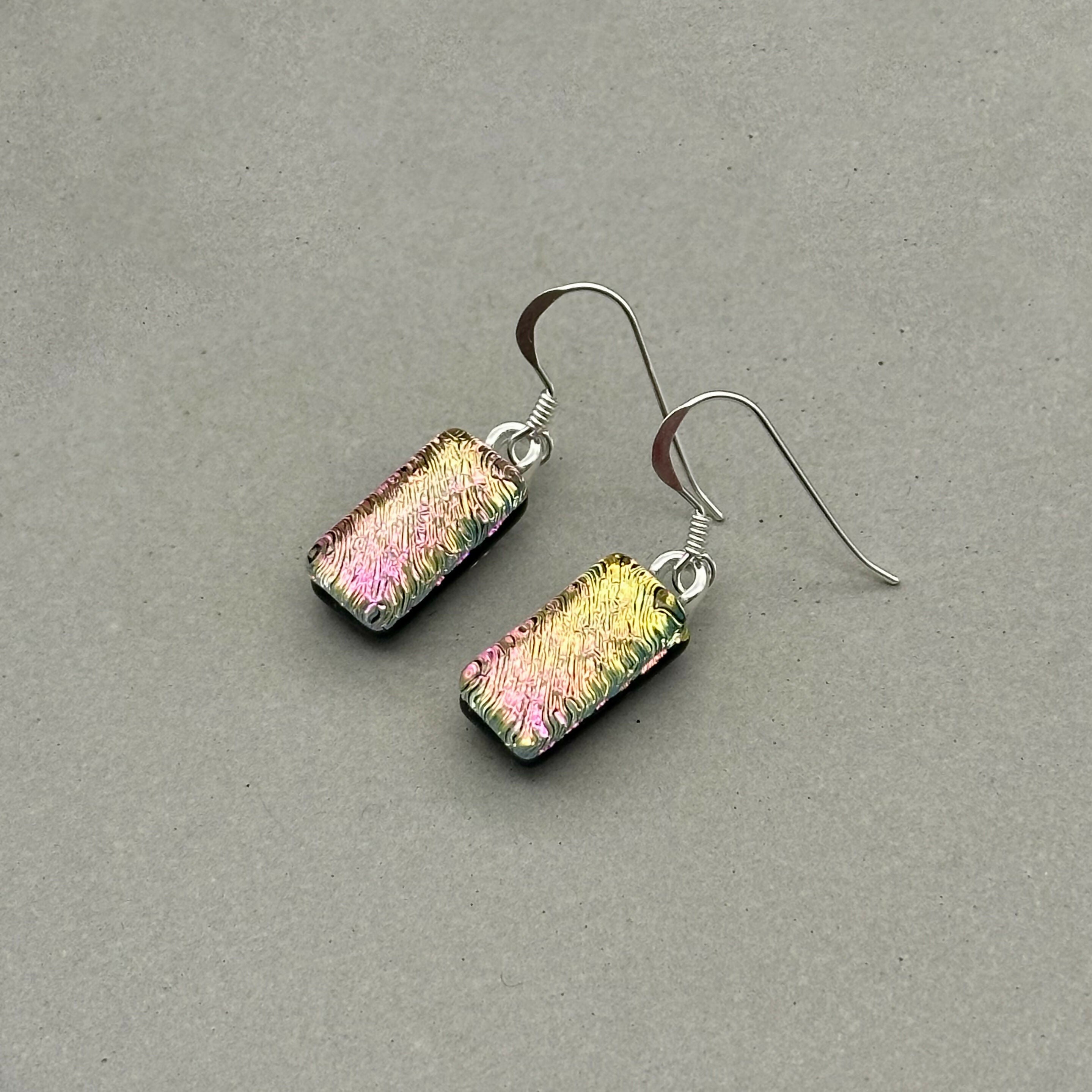 Pink & Yellow Dichroic Glass Necklace and Earrings Set - Sterling Silver, Handmade by Jade Tapson Glass