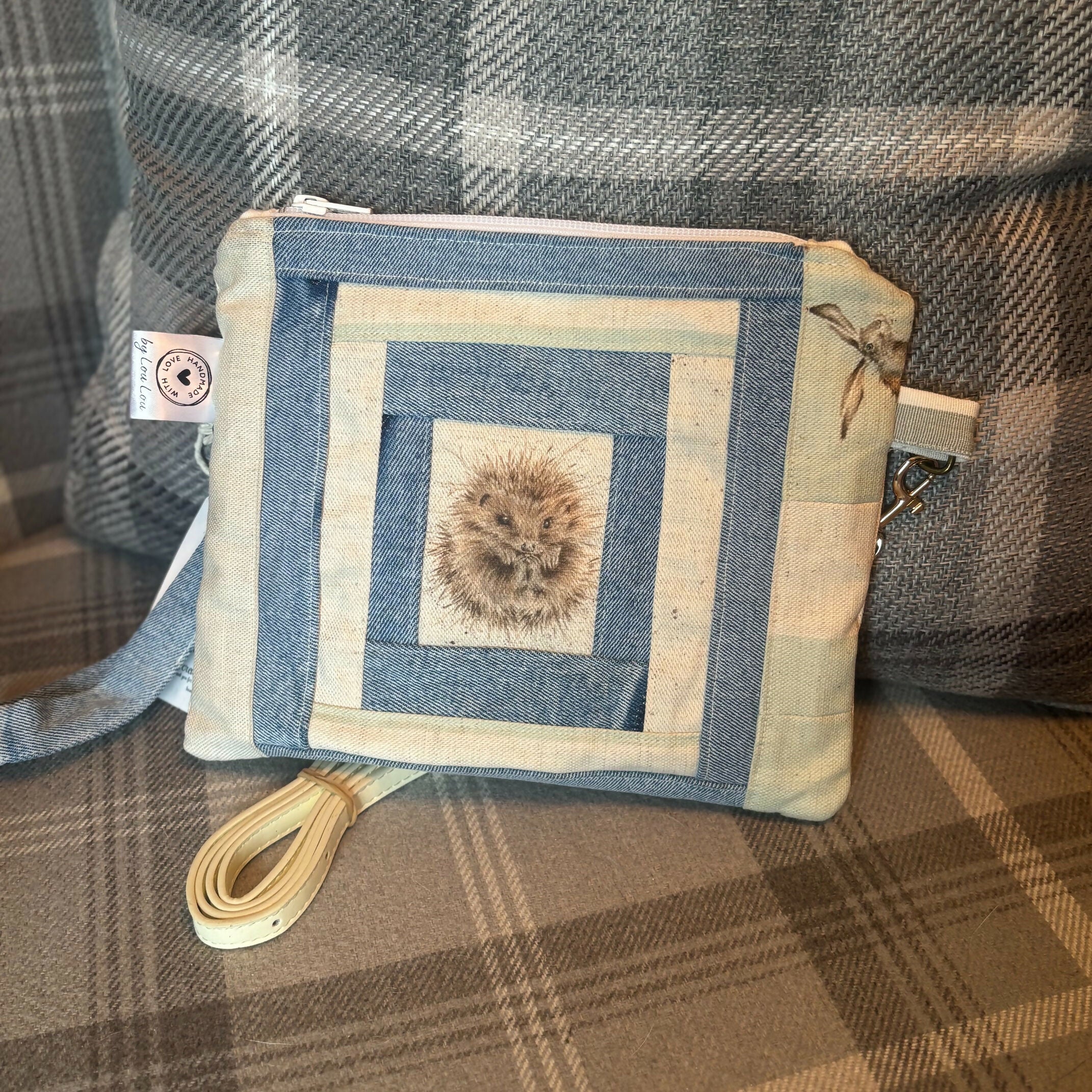 Unique Handcrafted Patchwork Purse Wristie With Crossbody Strap Made From Upcycled Jeans And Animal Print Fabric