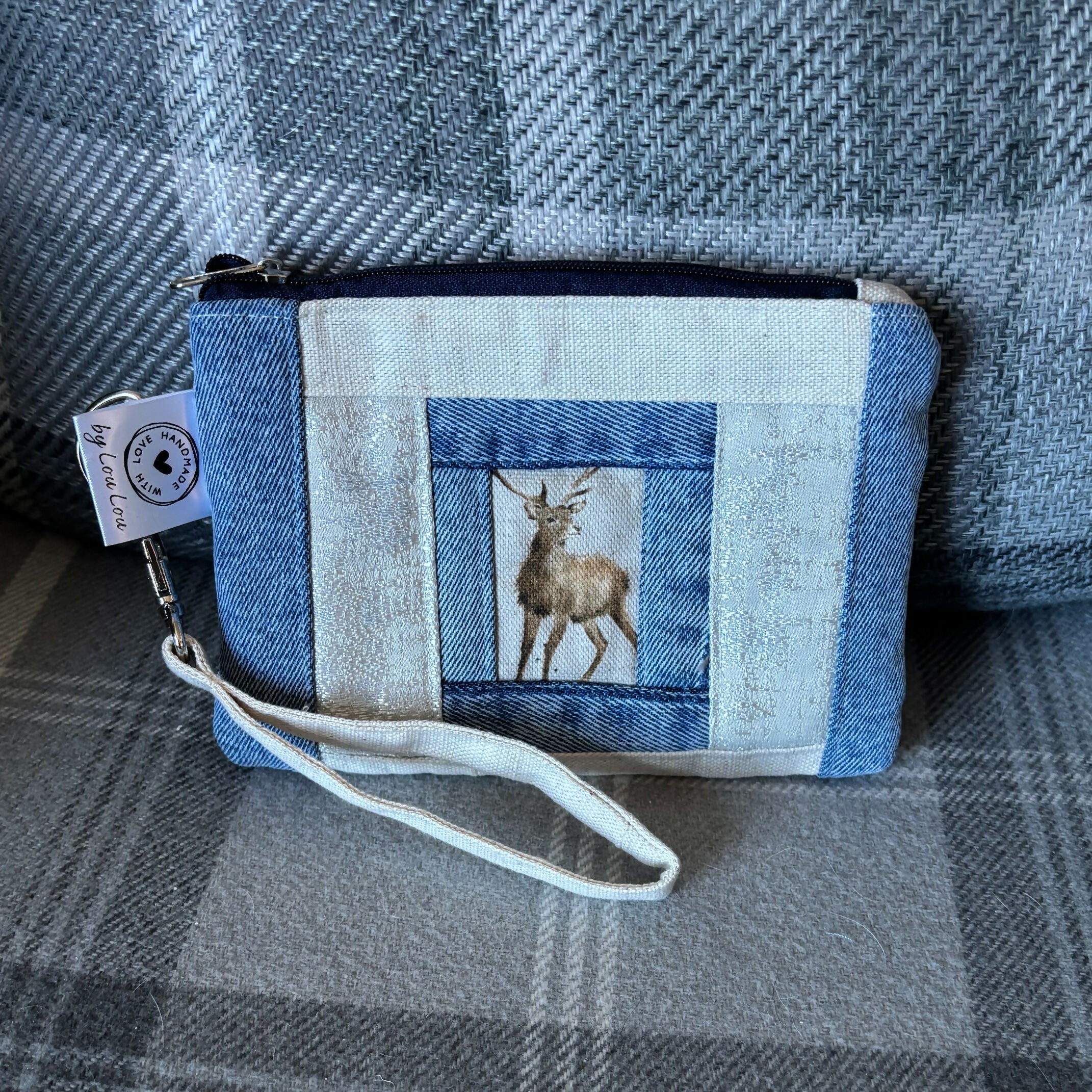Unique Handcrafted Patchwork Purse Wristie Made From Upcycled Jeans And Animal Print Fabric