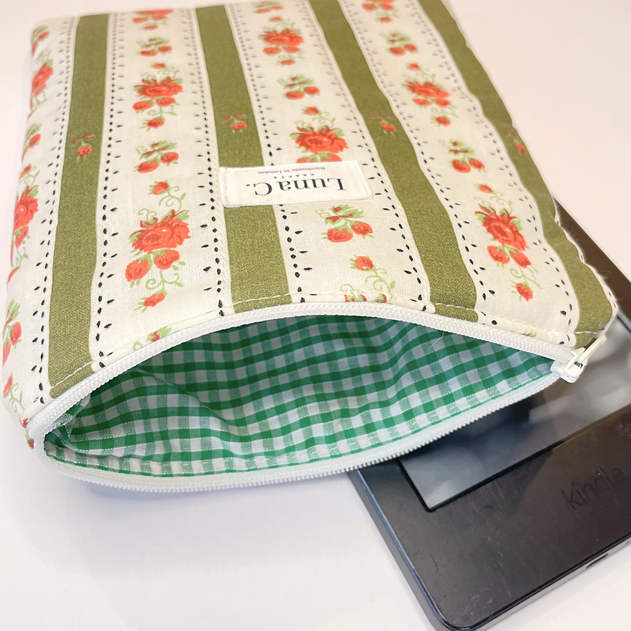 Sage Green Striped Red Floral Green Lining Book or Kindle Sleeve
