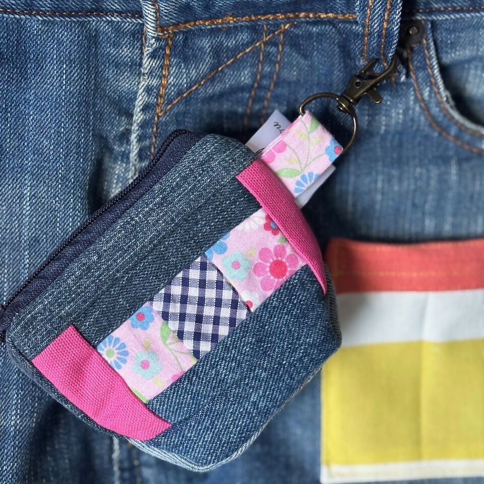 Handcrafted Mini Patchwork Lined Purse Made From Upcycled Jeans With Key Ring/Clip