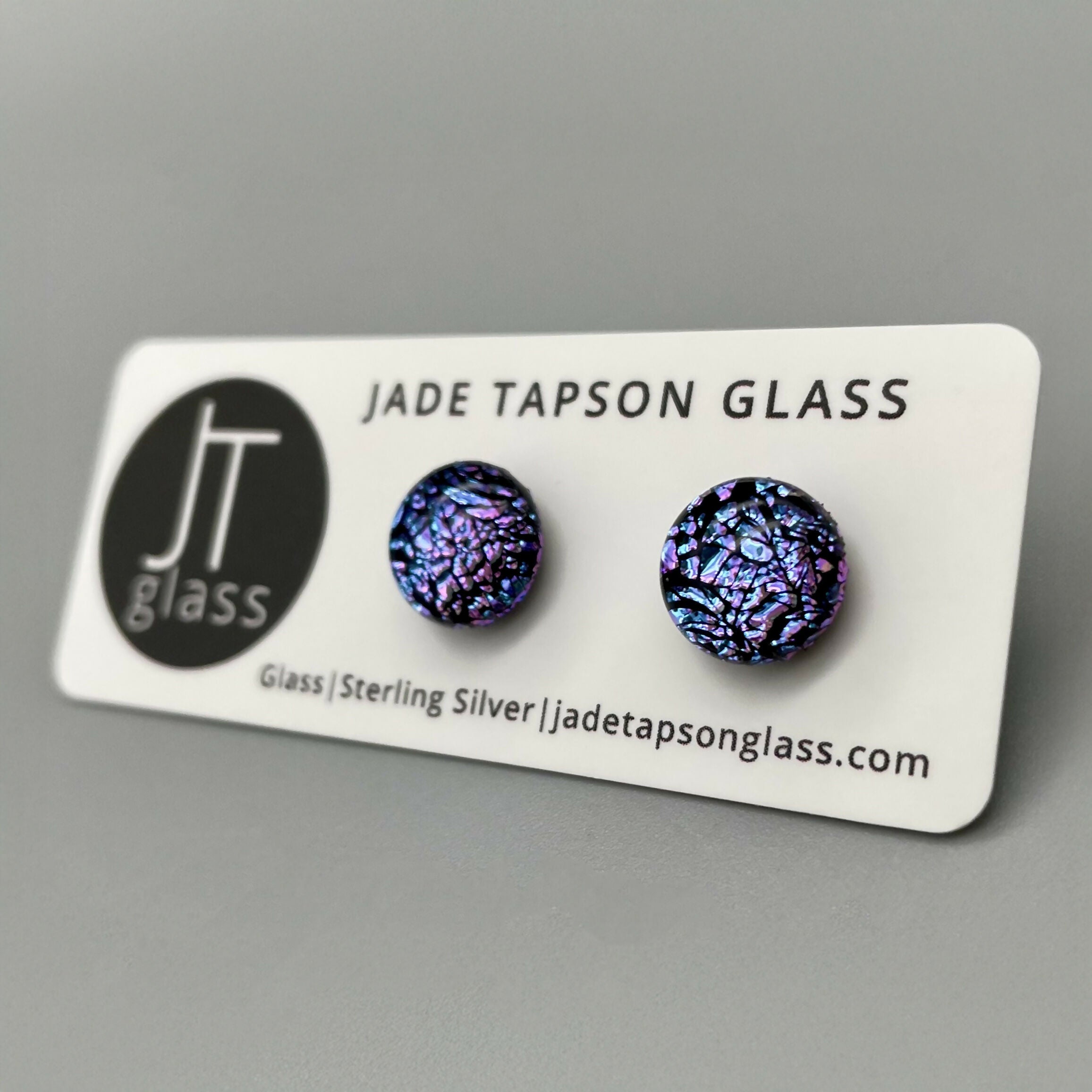 Crackle Dichroic Fused Glass Sterling Silver Stud Earrings - Handmade by Jade Tapson Glass.