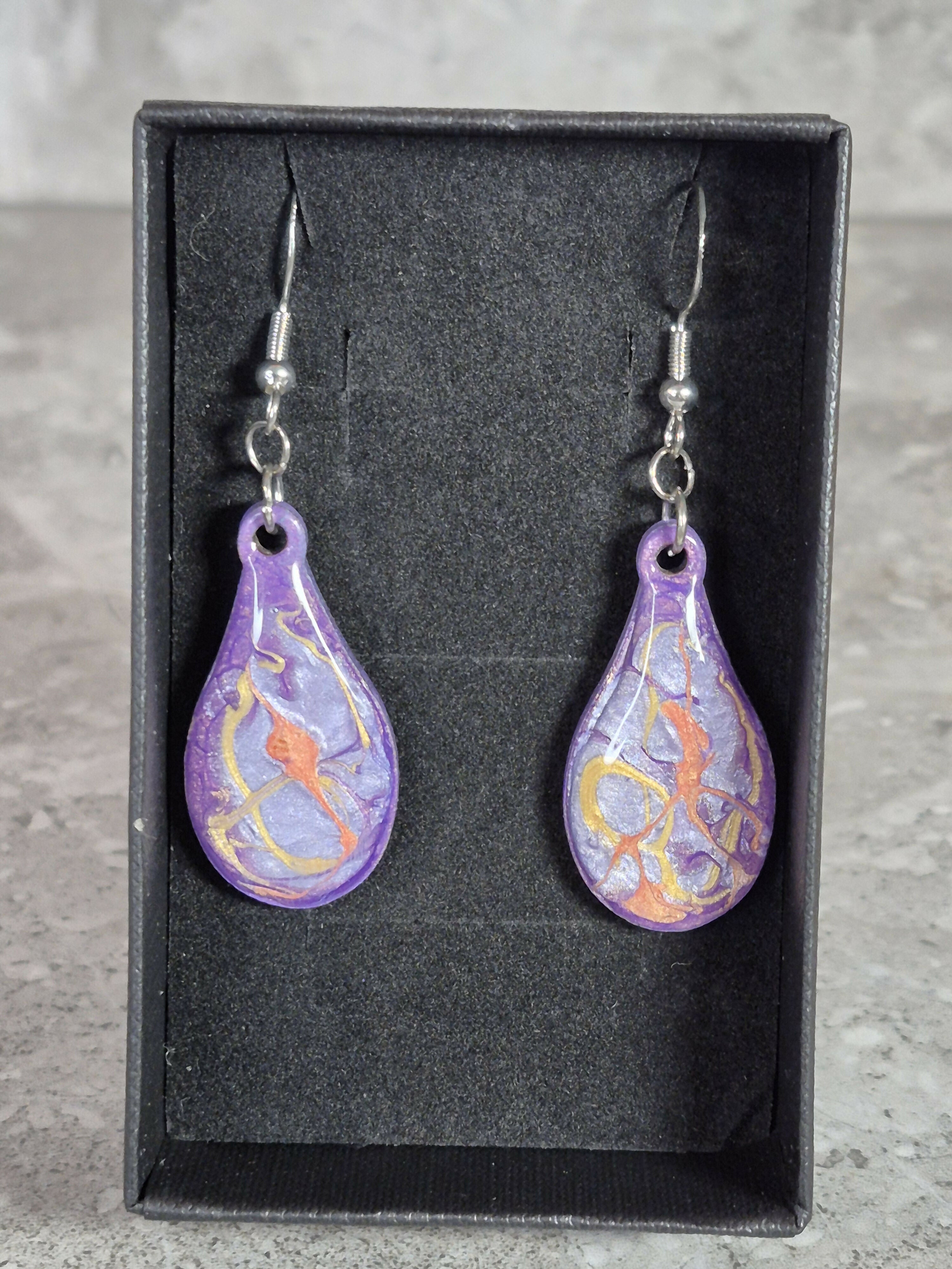 Handcrafted Tear Drop Purple, Silver, Gold And Orange Earrings