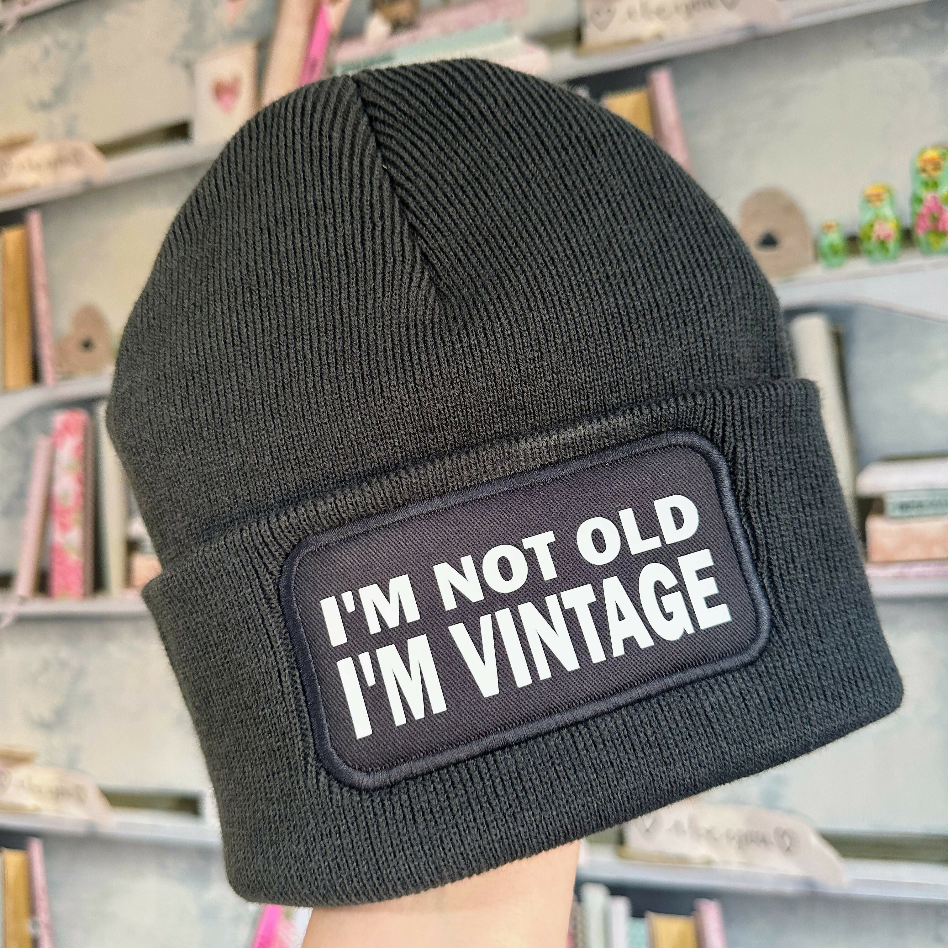 Not Old Vintage Cuffed Rectangular Patch Beanie Hat