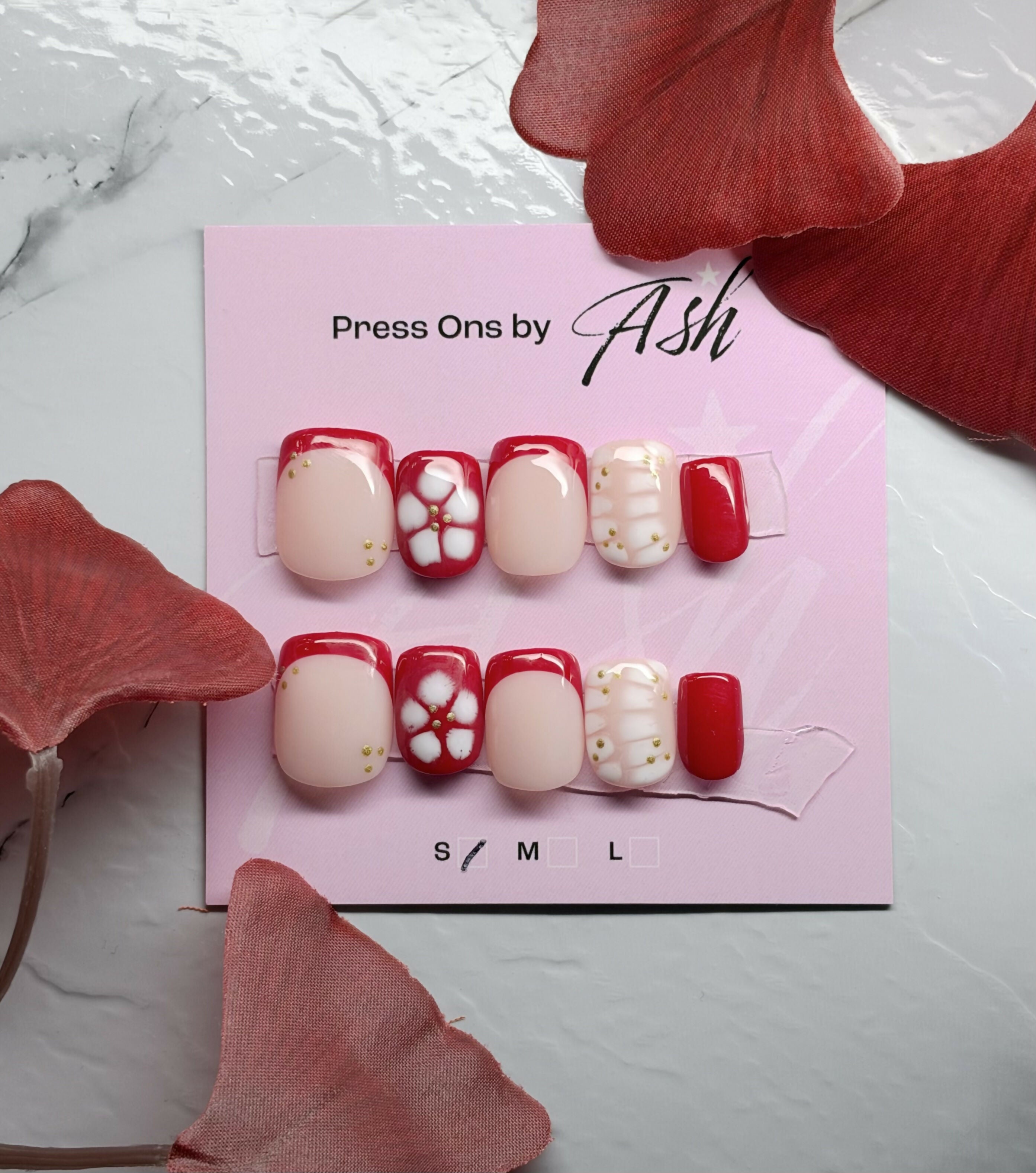 Reusable Red And White French Tip With Flowers Handmade Press On Nails
