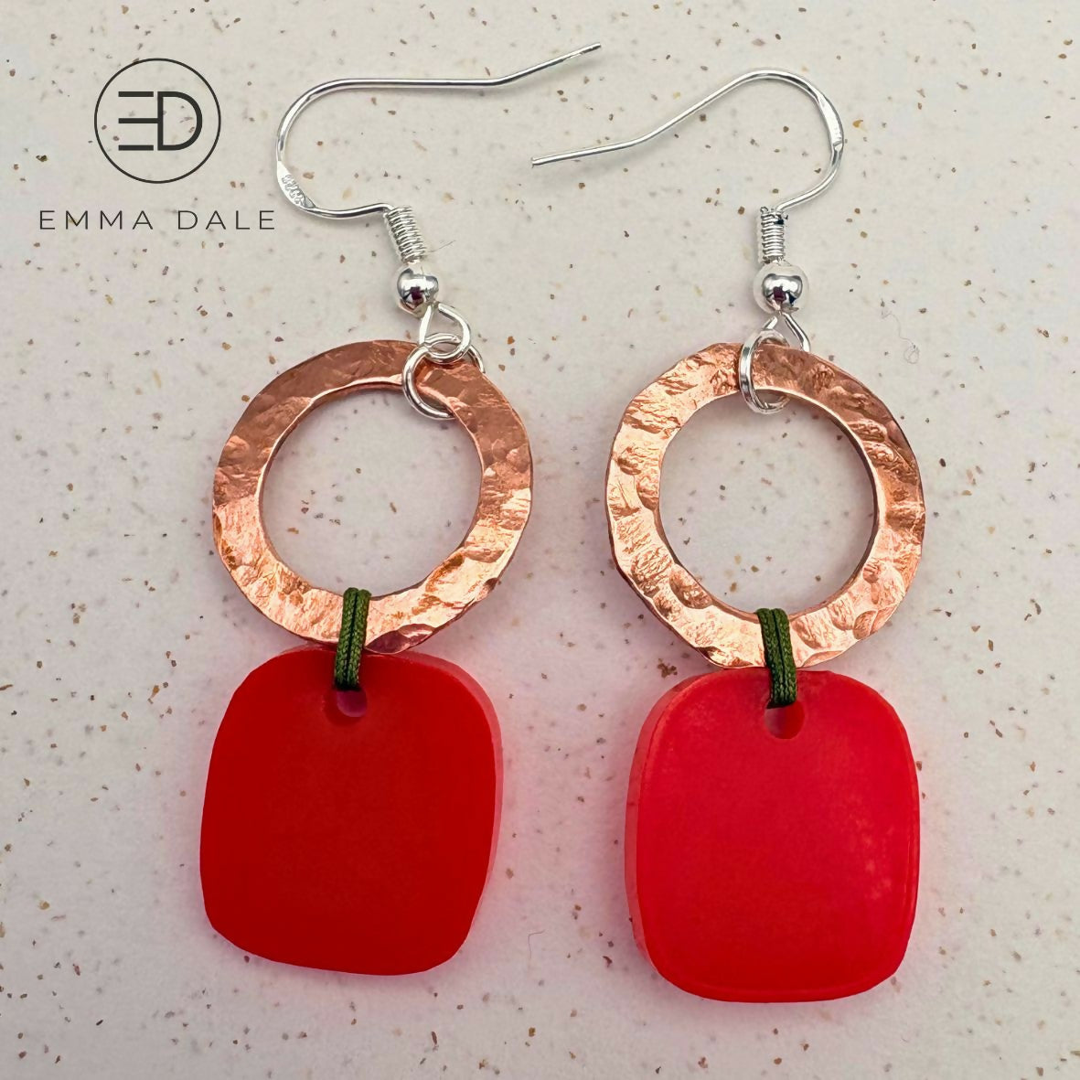 Red Acrylic & Hand-Hammered Copper Earrings