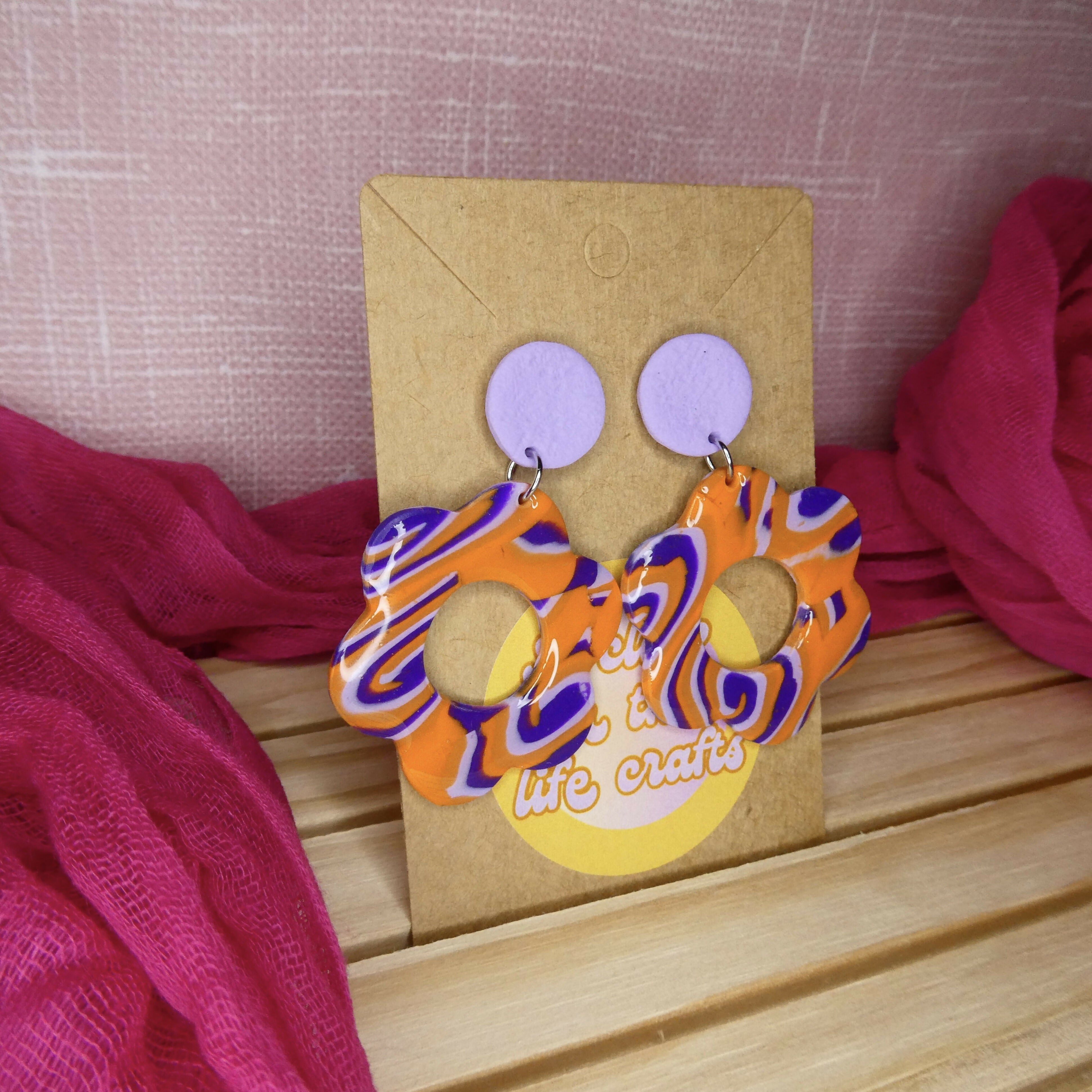 Purple And Orange Swirly Flower Polymer Clay Earrings