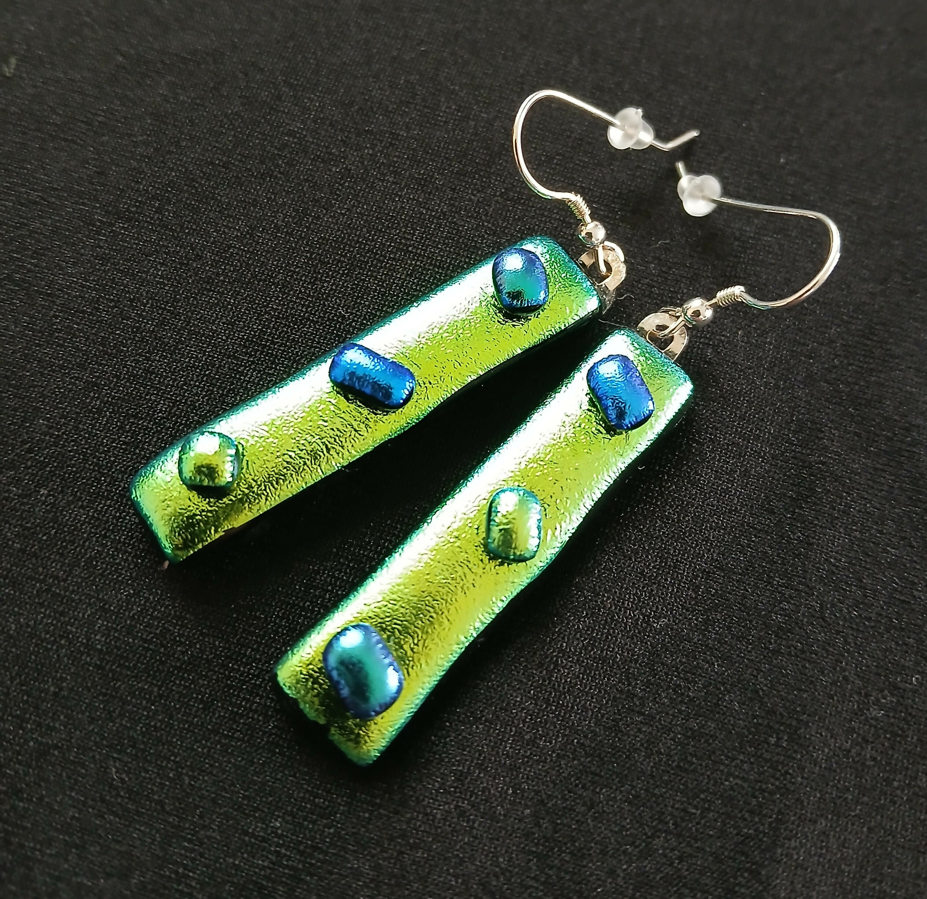 Fused Dichroic Glass Earrings in Yellow and Green With Sterling Silver Hooks