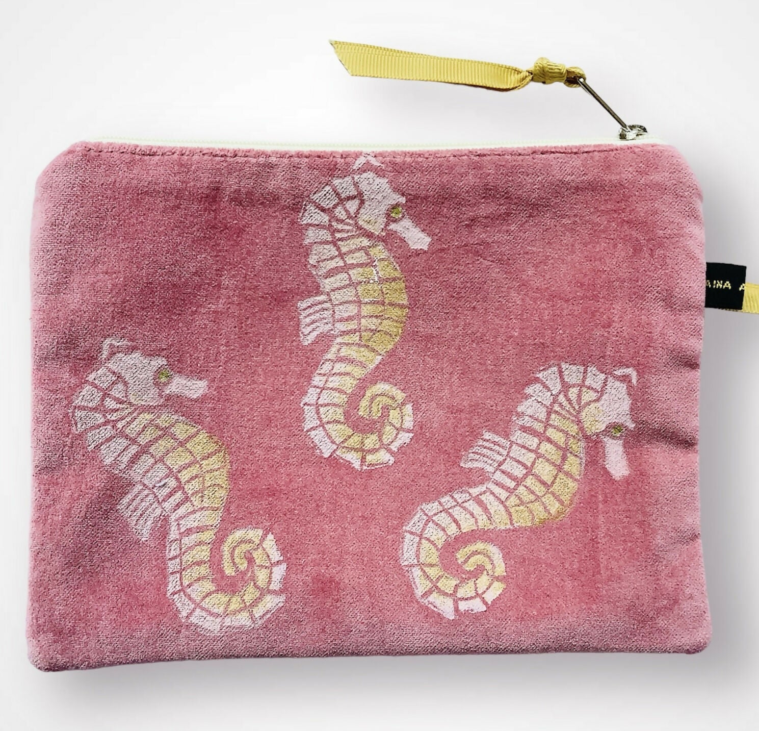 Dusty Pink Seahorses Velvet Zip-Up Pouch with Wrist Strap
