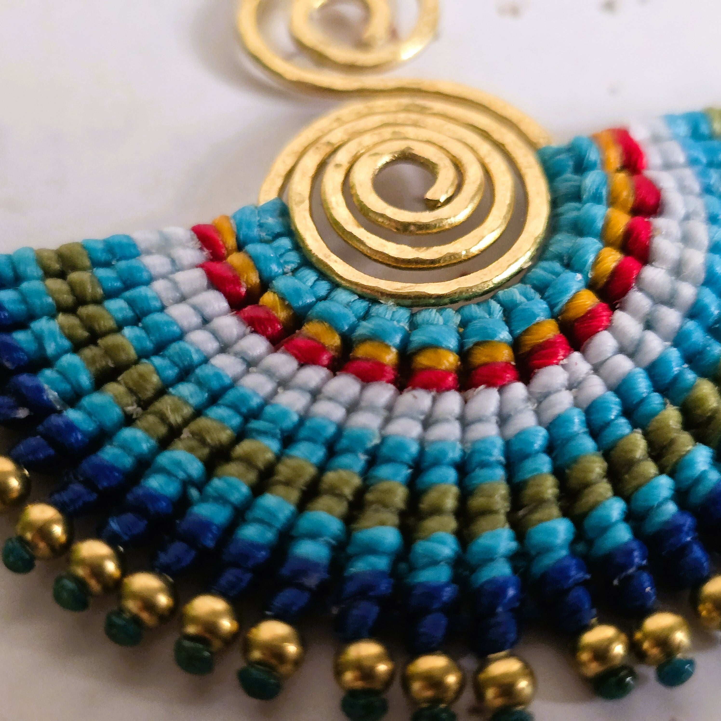 Blue Macrame Earrings; Egyptian Fan Gold Wire Spiral Bohemian Earrings