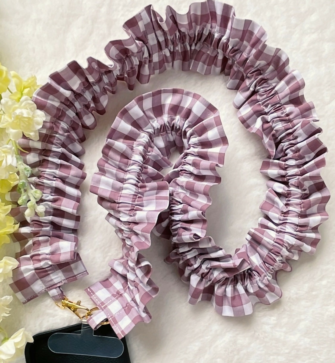 Handmade Ruffled Crossbody Phone Strap Mauve Gingham