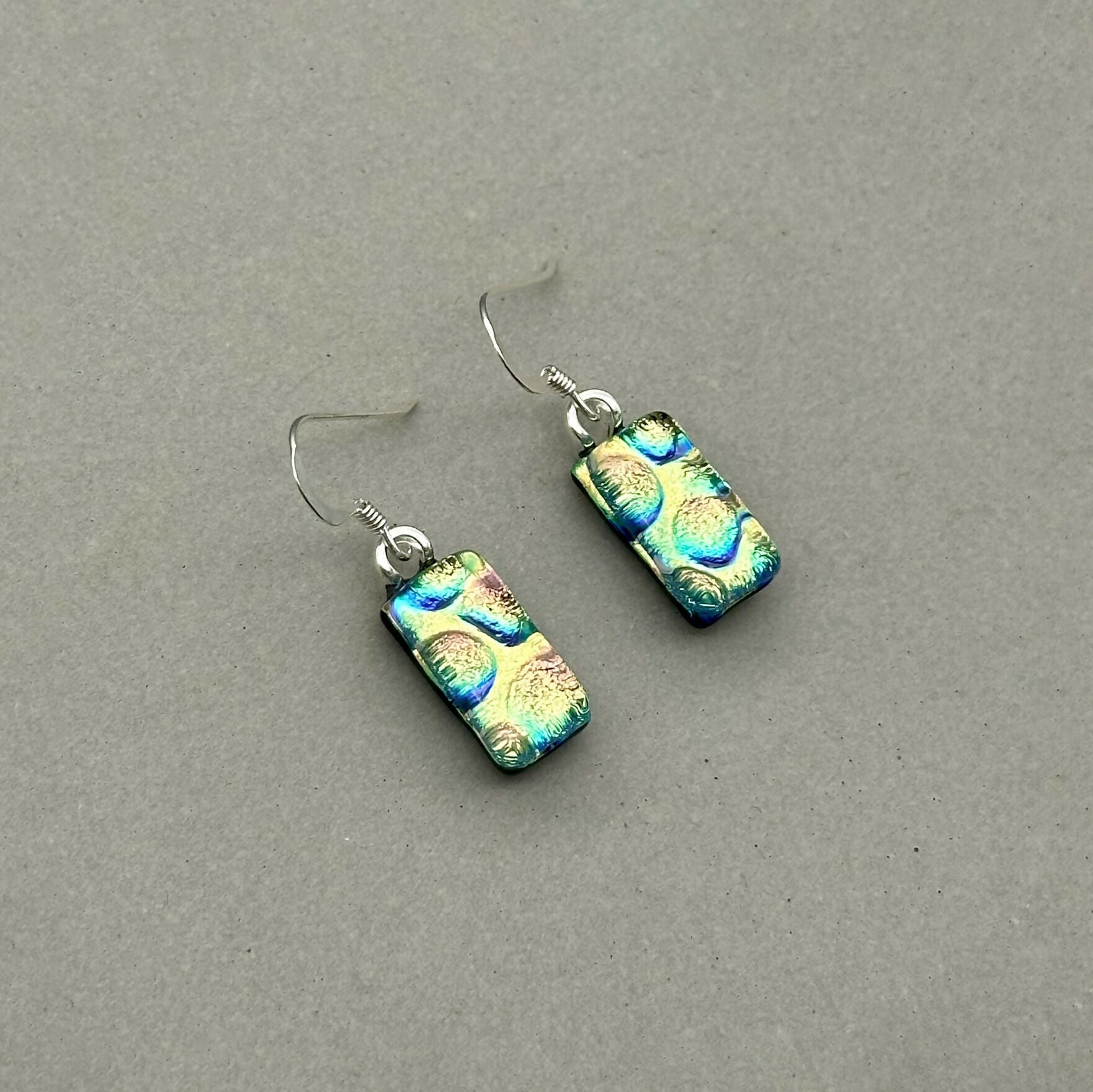 Yellow & Pink Bubble Dichroic Fused Glass Dangle Sterling Silver Earrings - Handmade by Jade Tapson Glass.