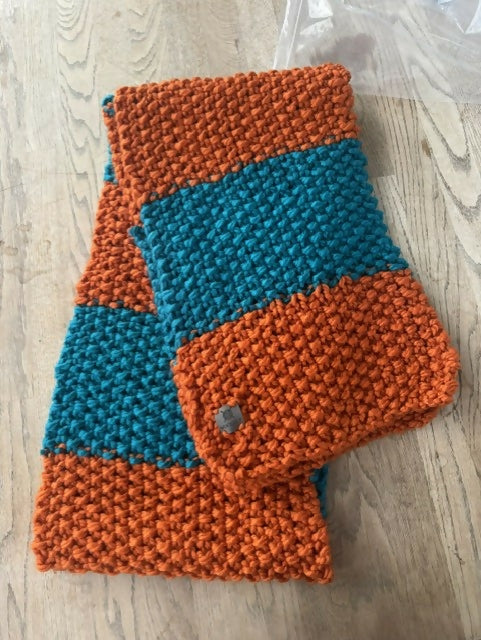 LONG COSY CHUNKY STRIPY SCARF - ORANGE & RAINFOREST BLUE