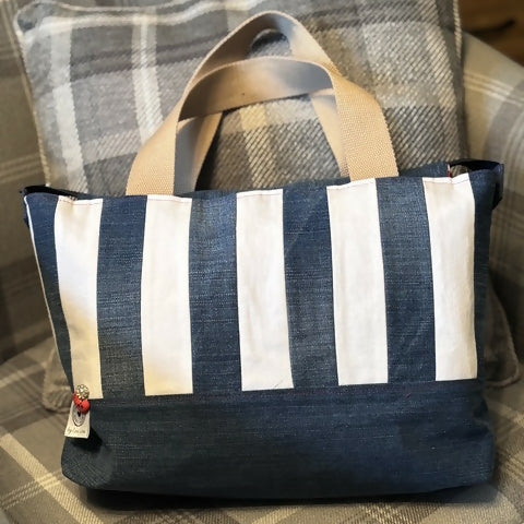 Unique Handcrafted Striped Denim Tote Bag Handbag Made From Upcycled Jeans