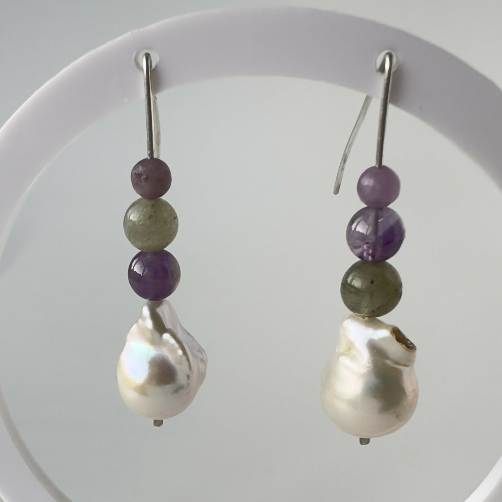 HEALING CRYSTAL & STERLING SILVER THIRD EYE CHAKRA EARRINGS WITH BAROQUE PEARLS