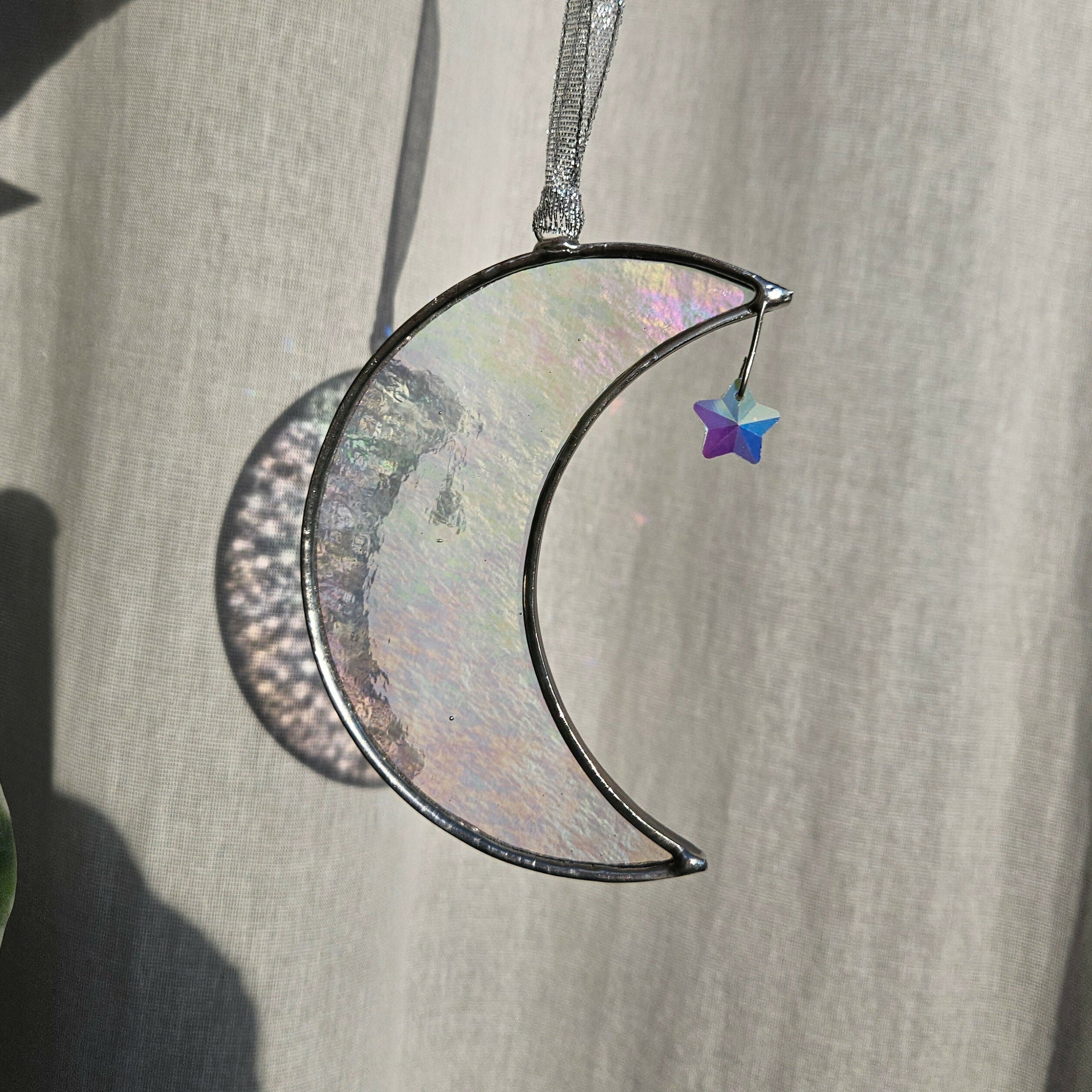 Clear Iridescent Crescent Moon Stained Glass Suncatcher
