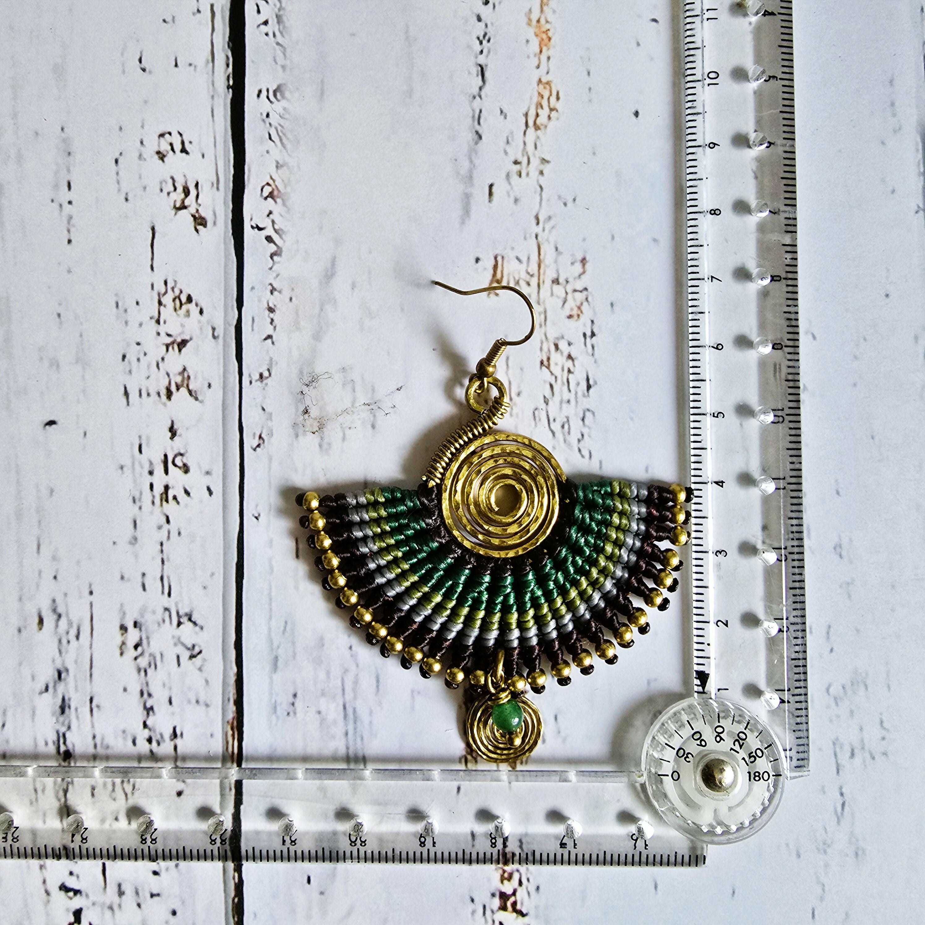Green Jade Macramé Earrings; Boho Crystal Earrings with Gold Spiral Wire Art