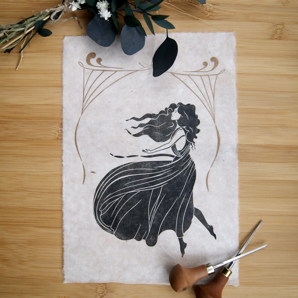 LEARNING TO FLY ART NOUVEAU LINO PRINT