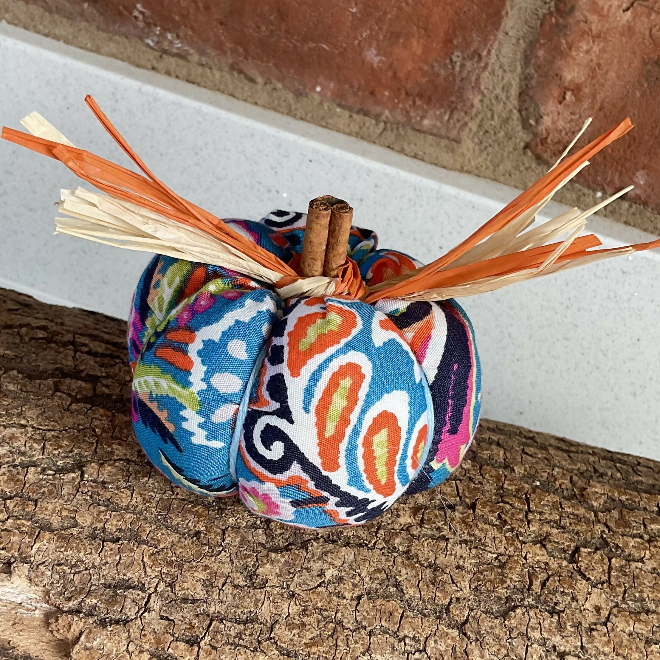 Bright Upcycled Pumpkin Decoration, Colourful Patterned Fabric Ornaments