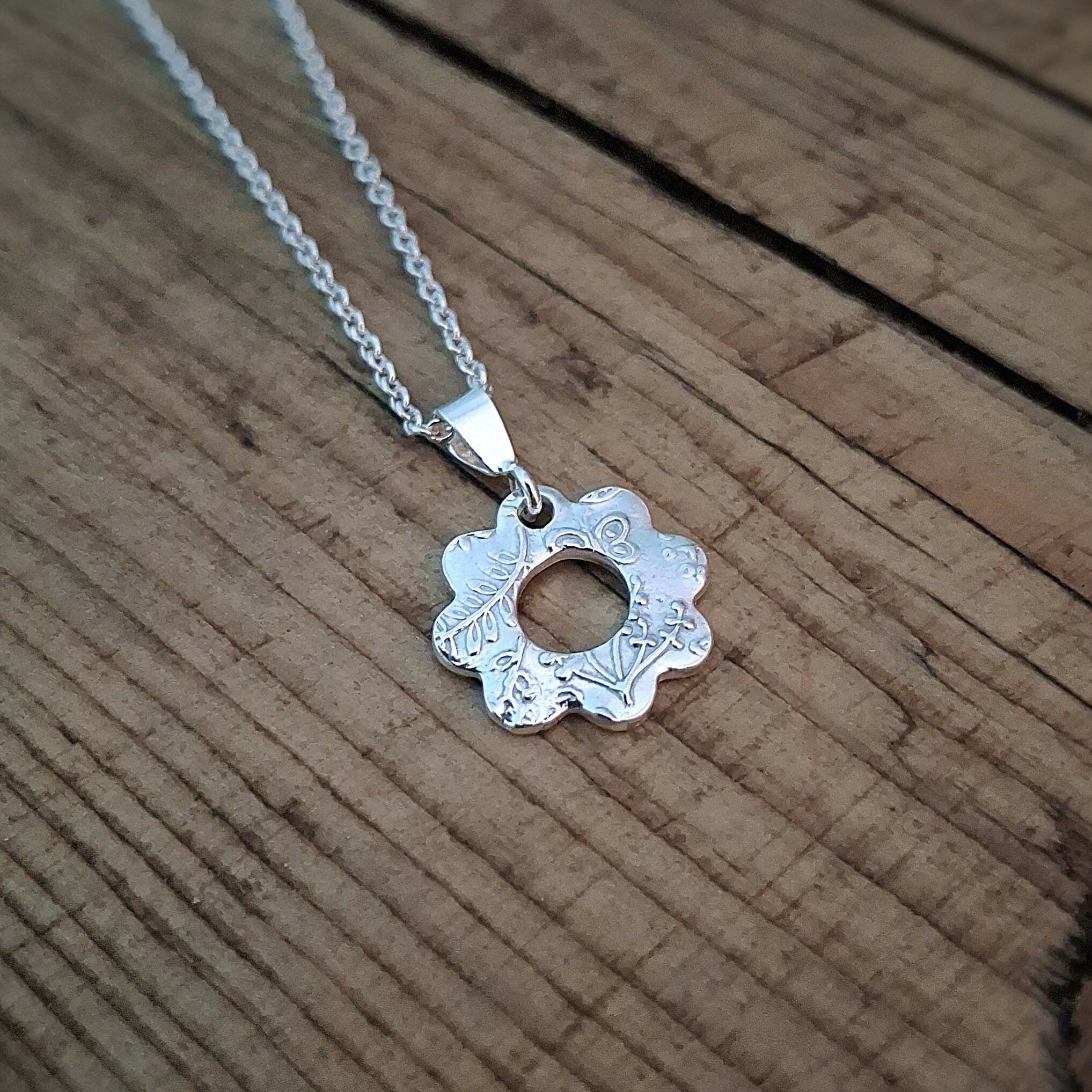 Handmade Silver Flower Charm Necklace Botanical Texture