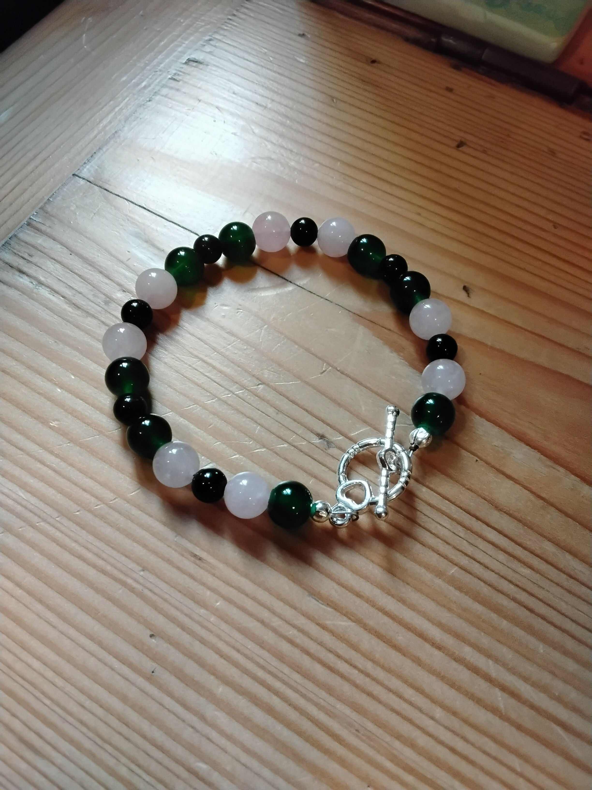Tibetan Silver Toggle Catch Bracelet with Green Chalcedony, Rose Quartz and Dark Green Sandstone.