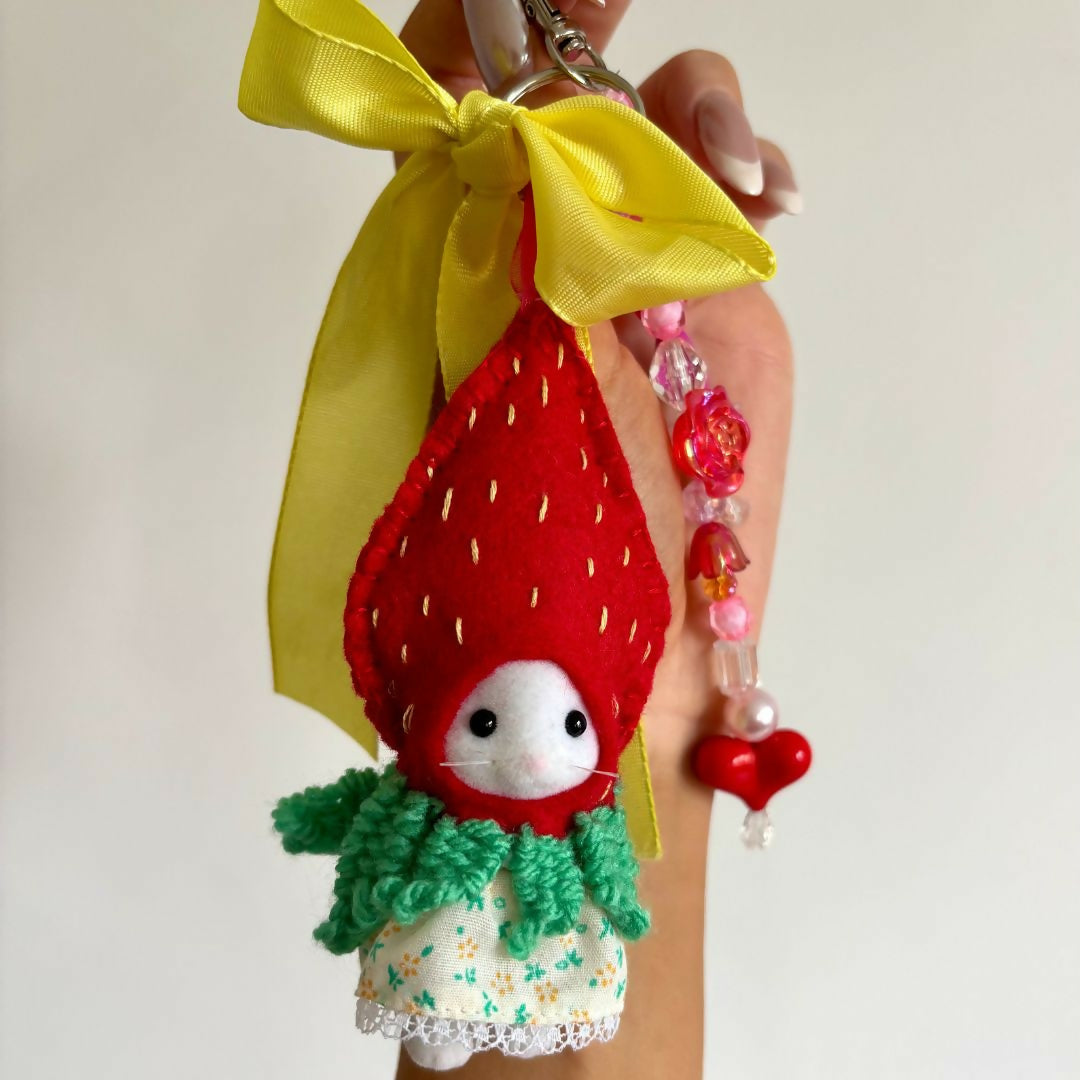 Strawberry Mouse Felt Keyring