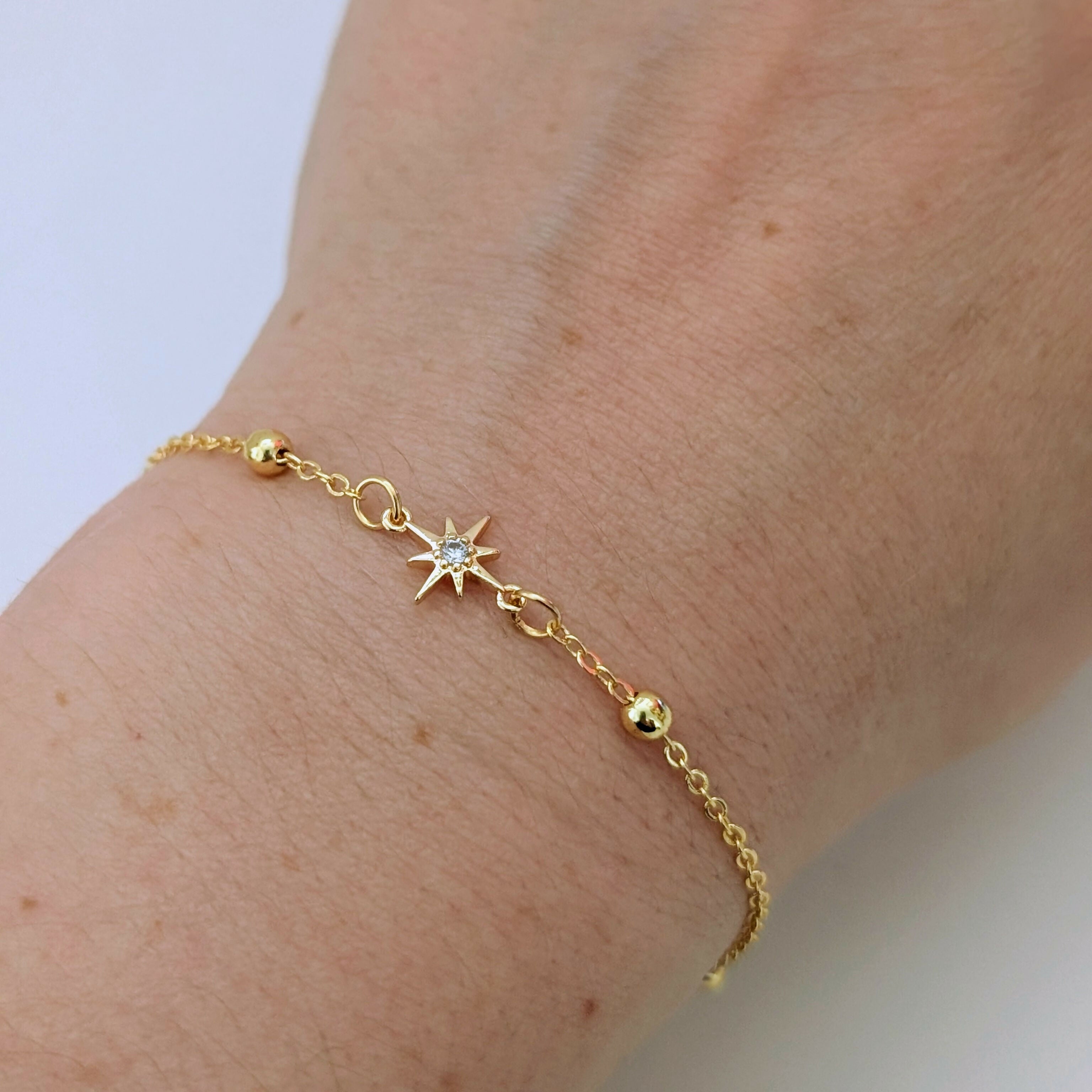 Gold Tiny Star Cubic Zirconia Bracelet on a Delicate Beaded Gold Chain