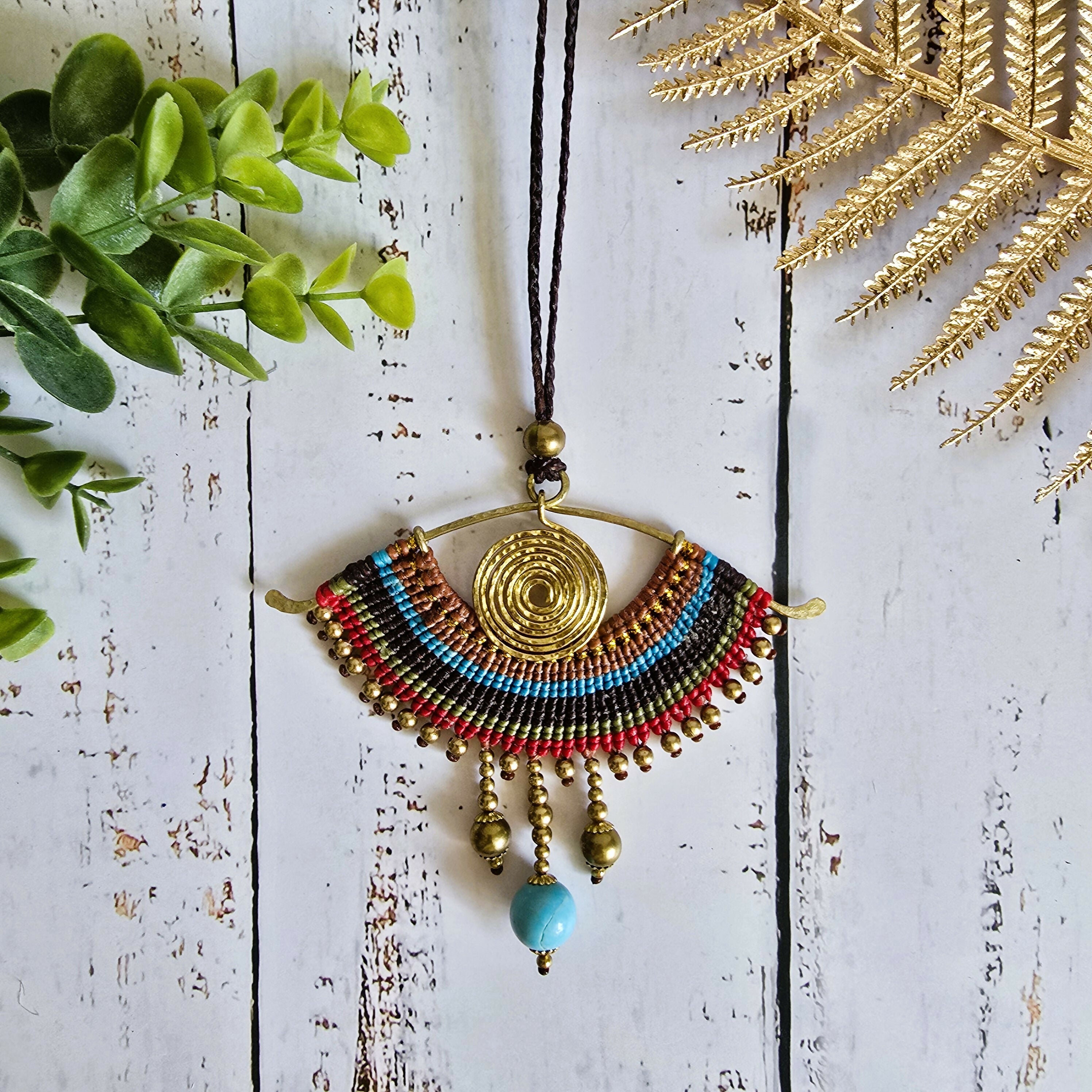 All-Seeing Eye Necklace; Turquoise Crystal Macramé Pendant With Handcrafted Brass Spiral Wire-Art