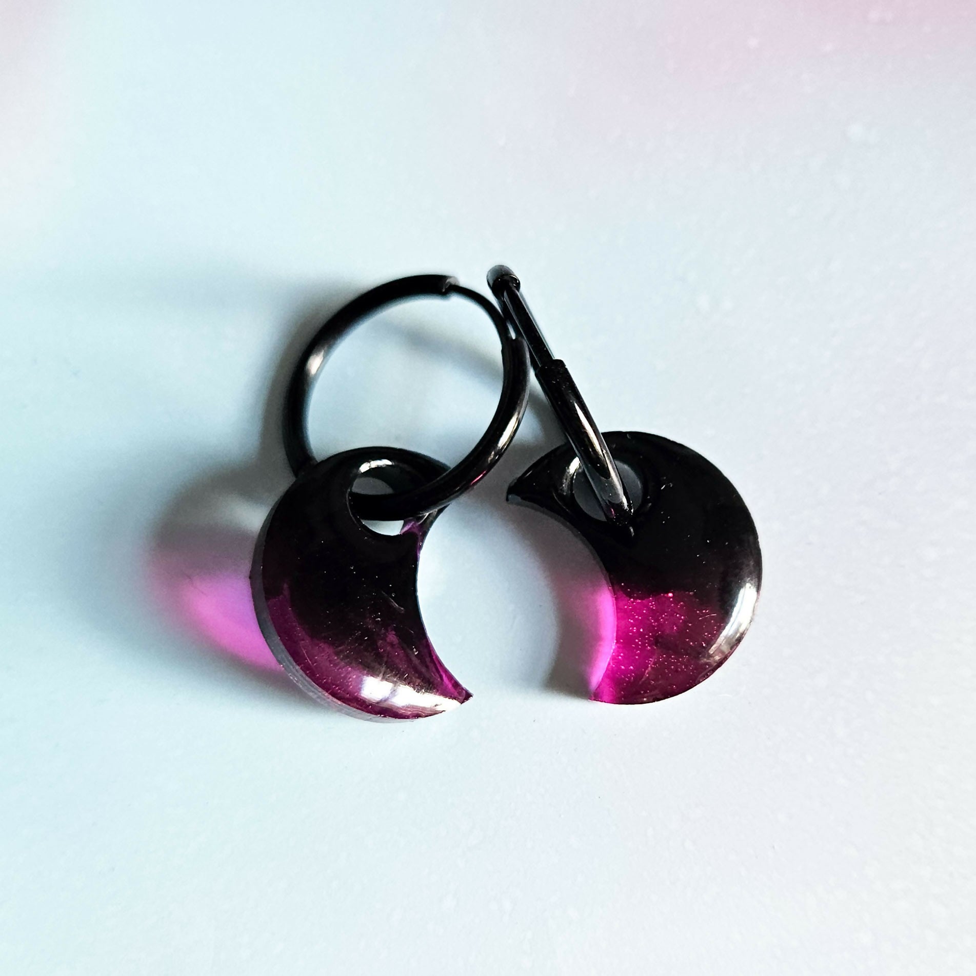 Handmade Black Pink Moon Resin Charms On Black Hoops