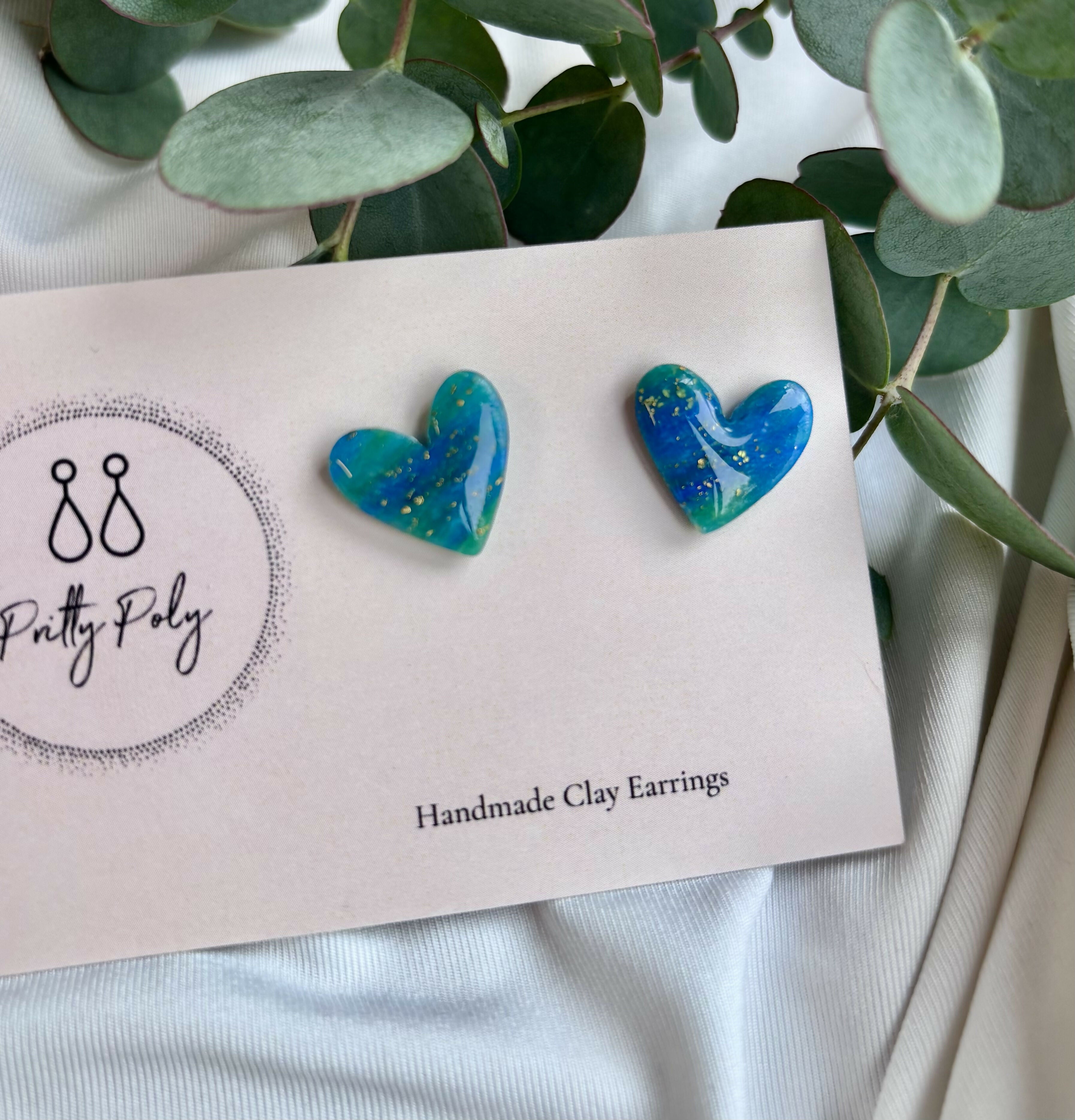 Blue and Gold Fleck Heart Polymer Clay Studs