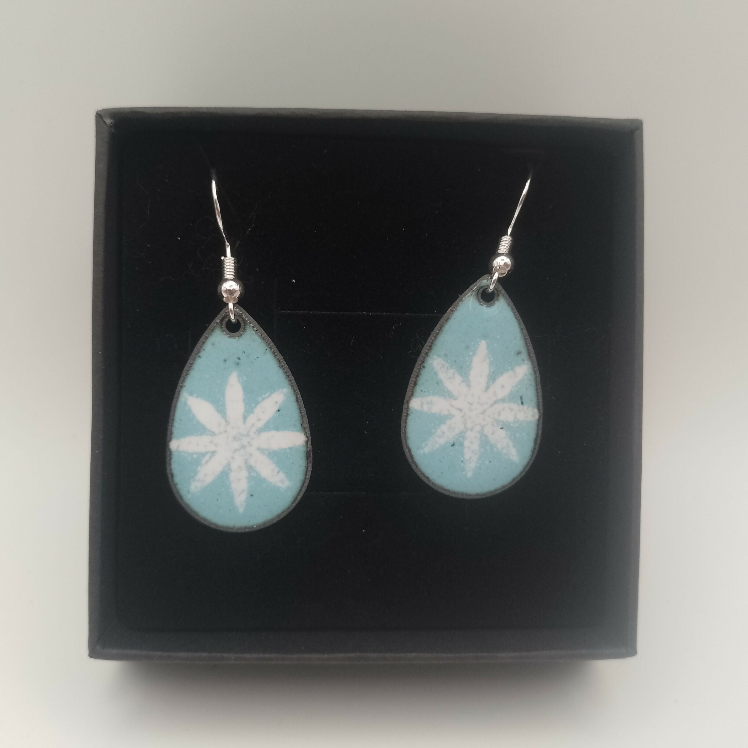 Powder Blue Teardrop Enamel Earrings with White Star