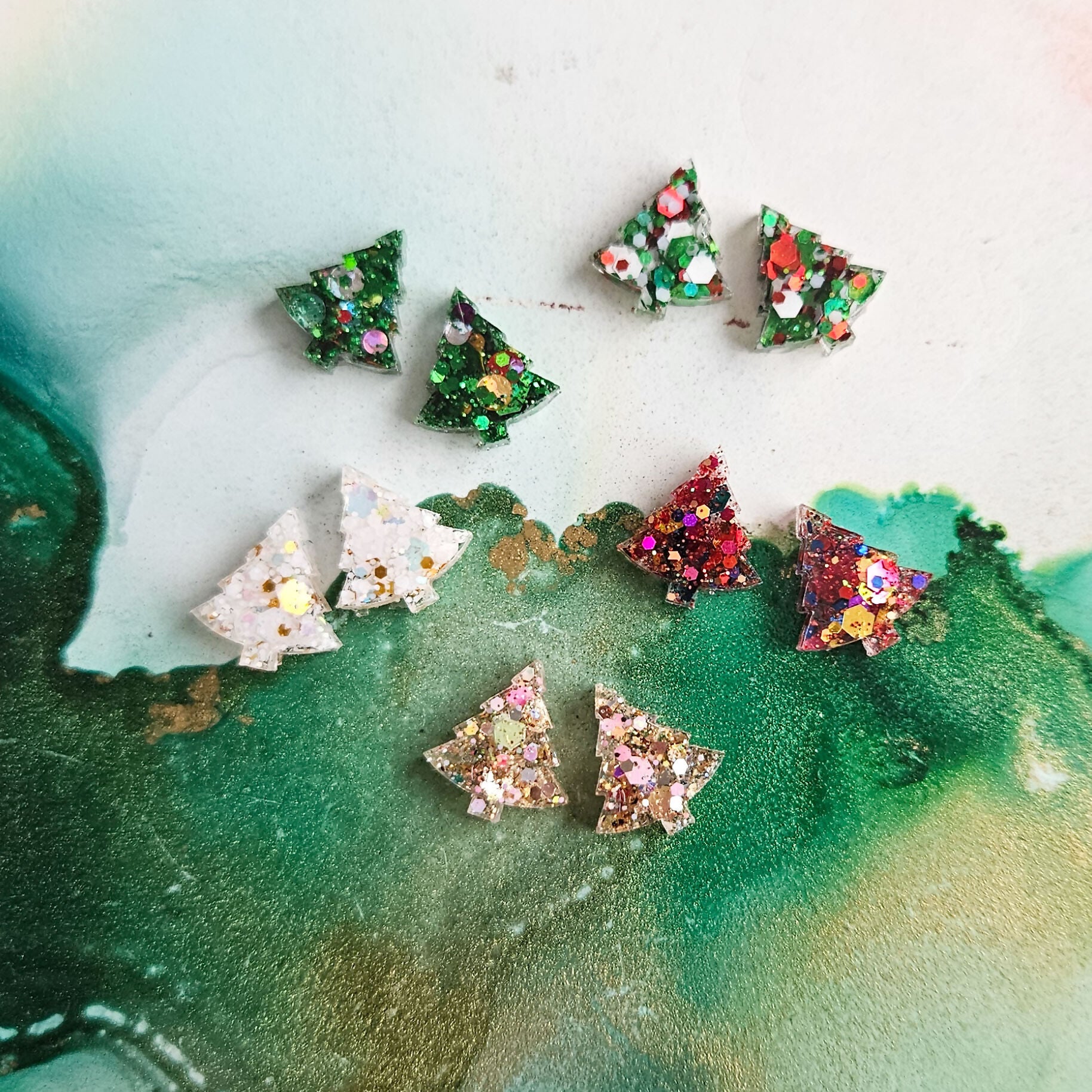 Handmade Glitter Christmas Trees Stud Earrings