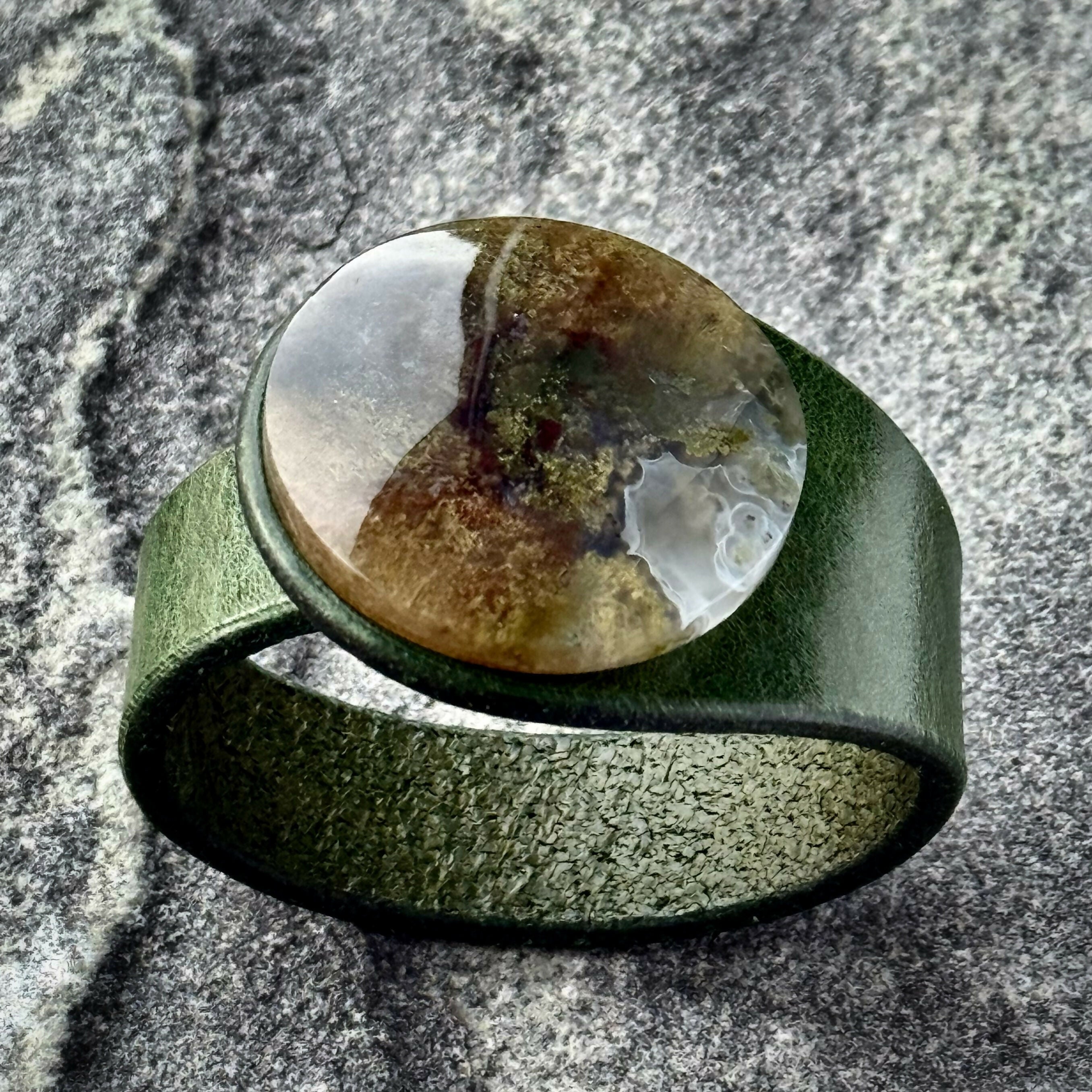 Handcrafted Natural Leather & Moss Agate Gemstone Bracelet - Size S or M