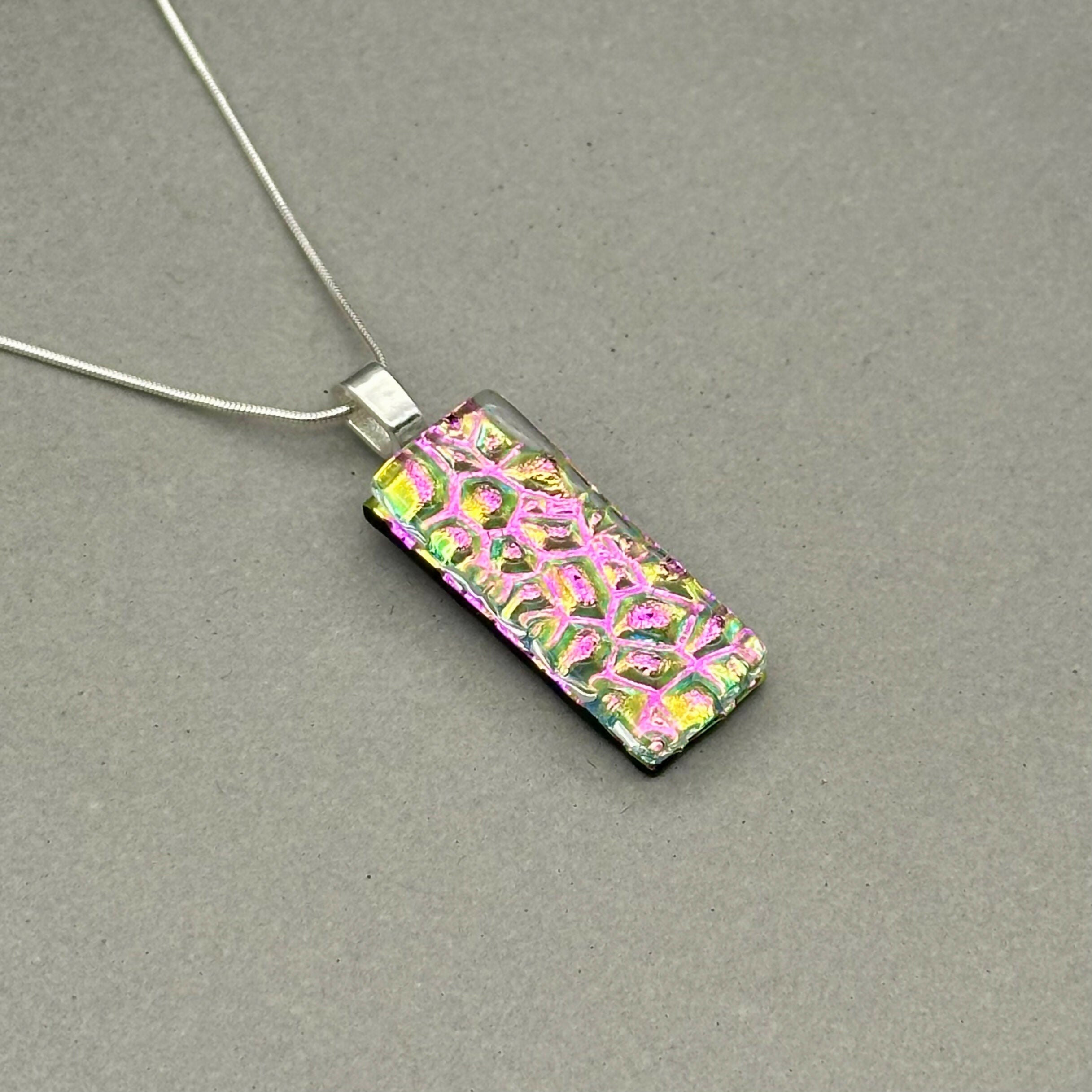 Pink Raindrop Dichroic Fused Glass Pendant with Silver Plated Chain - Handmade by Jade Tapson Glass.