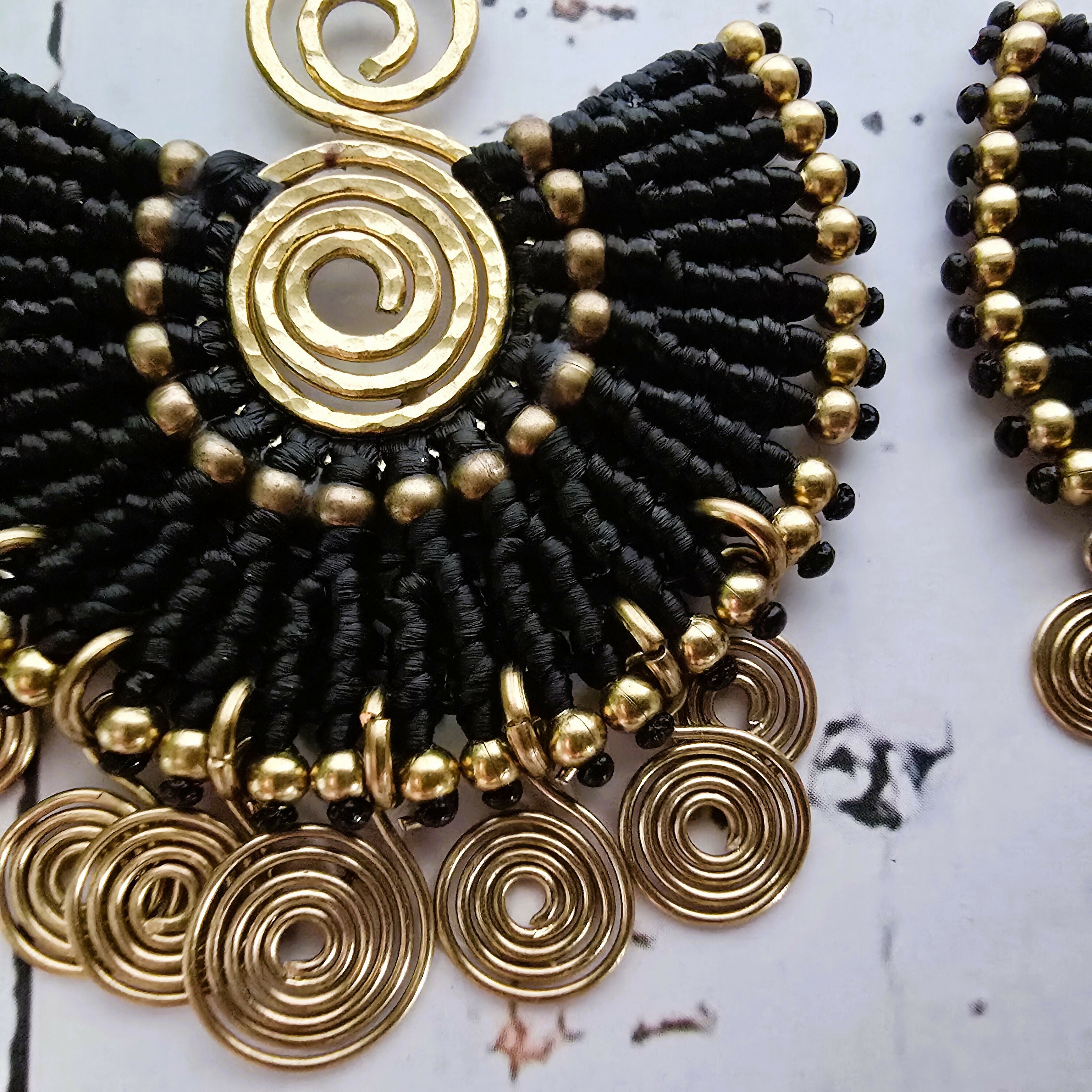 Egyptian Queen Earrings; Large Statement Black Macrame Gold Spirals Earrings