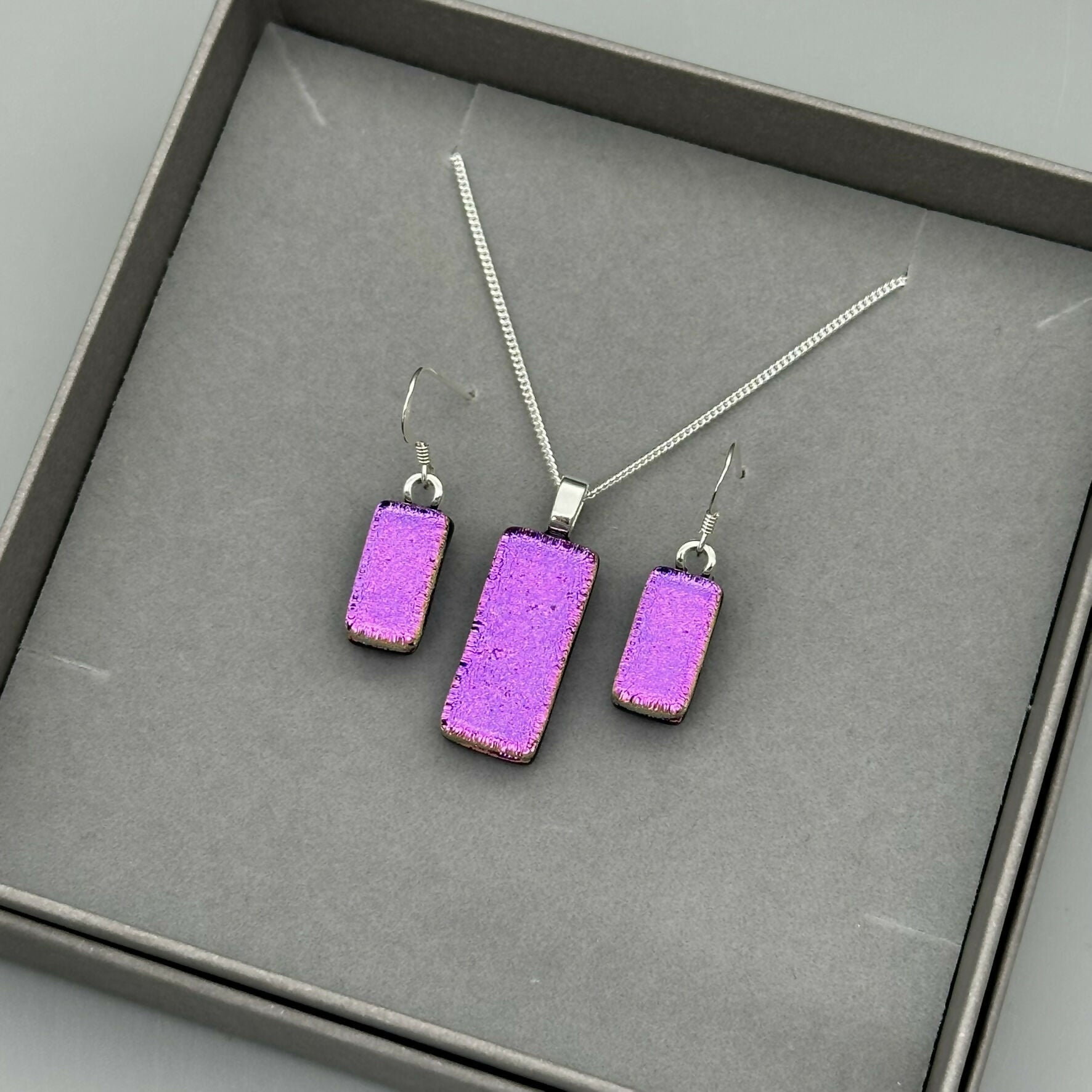 Magenta Dichroic Glass Necklace and Earrings Set - Sterling Silver, Handmade by Jade Tapson Glass.
