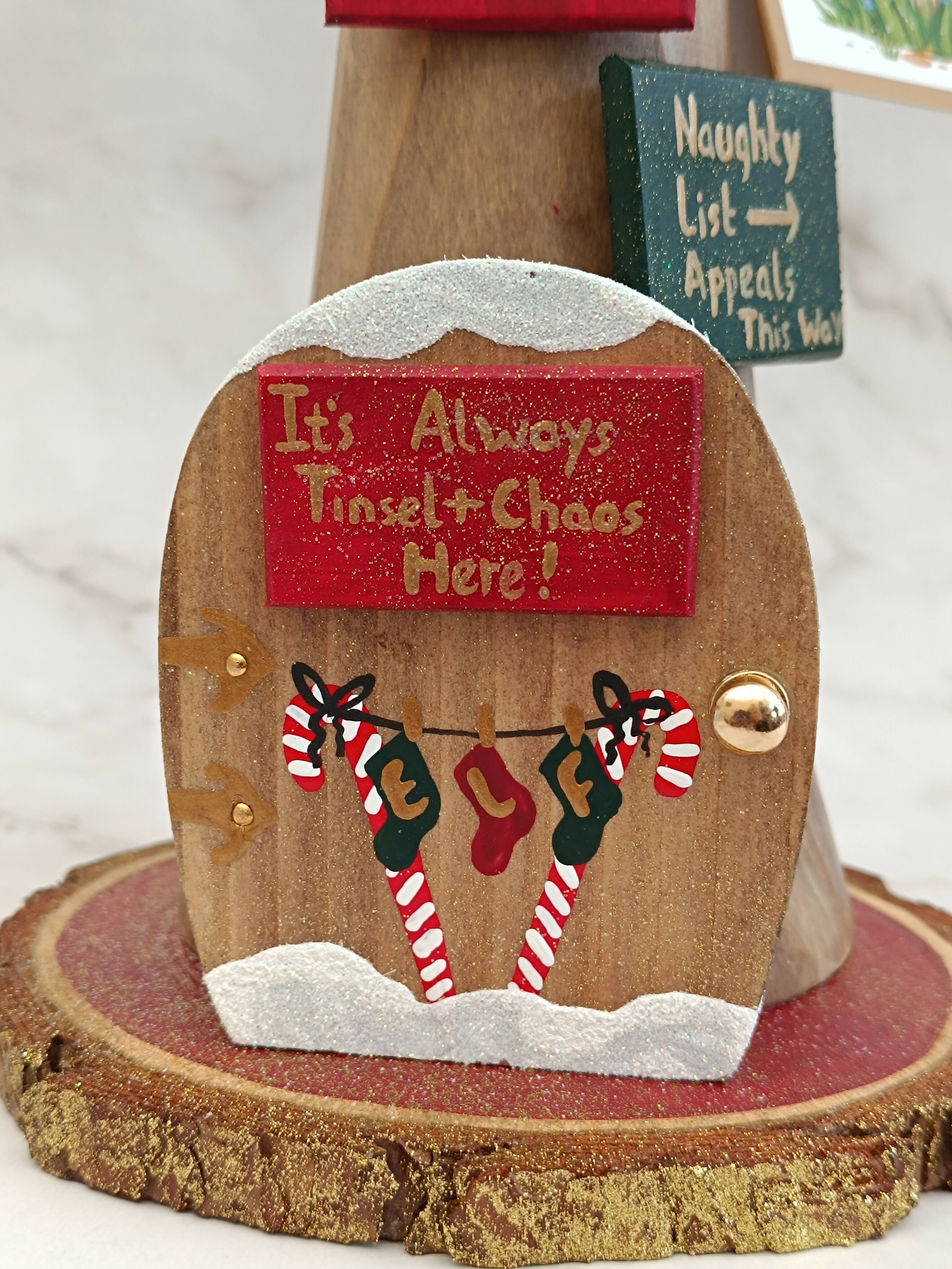30cm Red Handmade, Free Standing Painted Wooden Bell Shaped Topped Toadstool Elf House - Whimsical Woodland Ornament & Holiday Keepsake