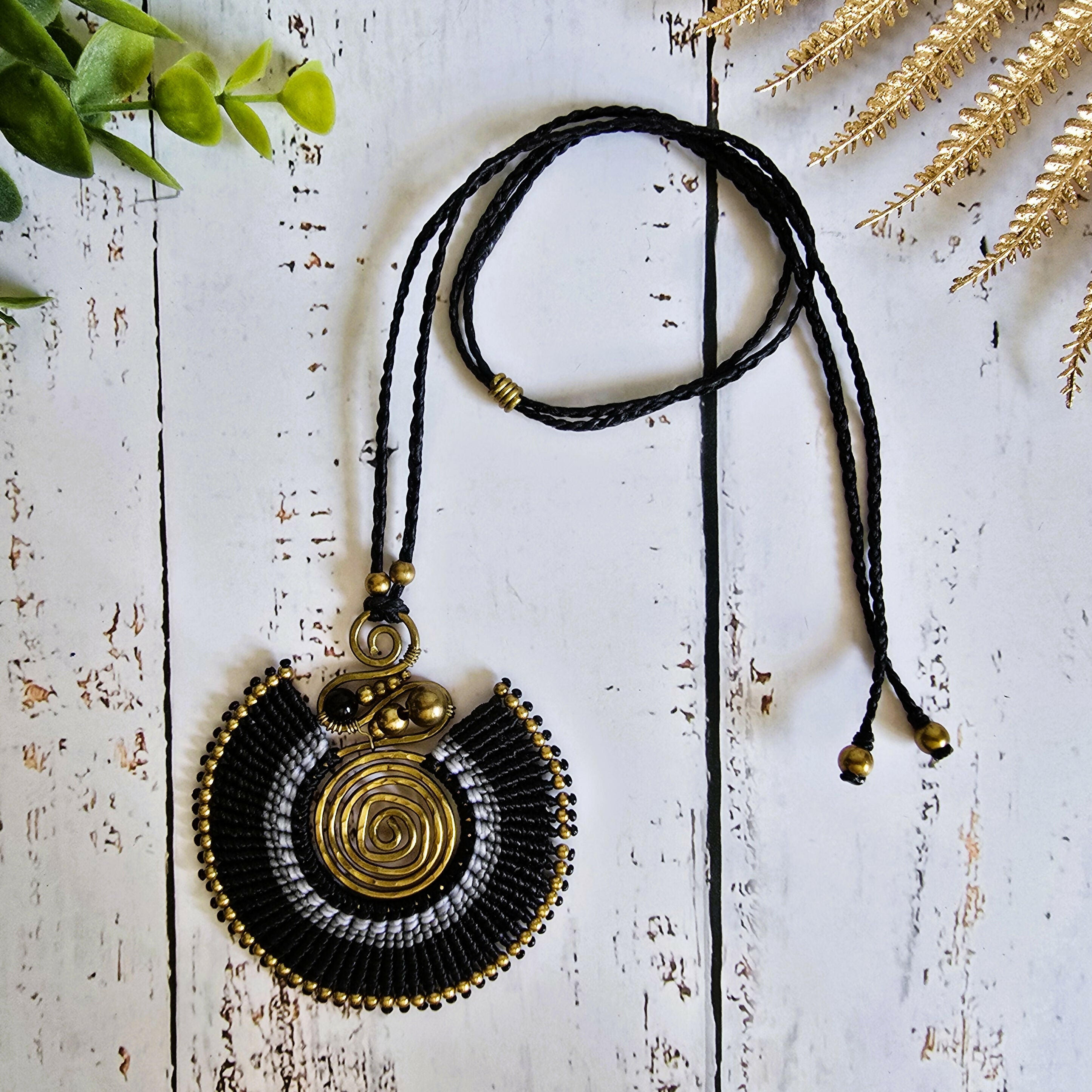 Black Agate Macramé Necklace; Full Moon Boho Statement Pendant with Gold Spiral