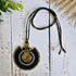 Black Agate Macramé Necklace; Full Moon Boho Statement Pendant with Gold Spiral