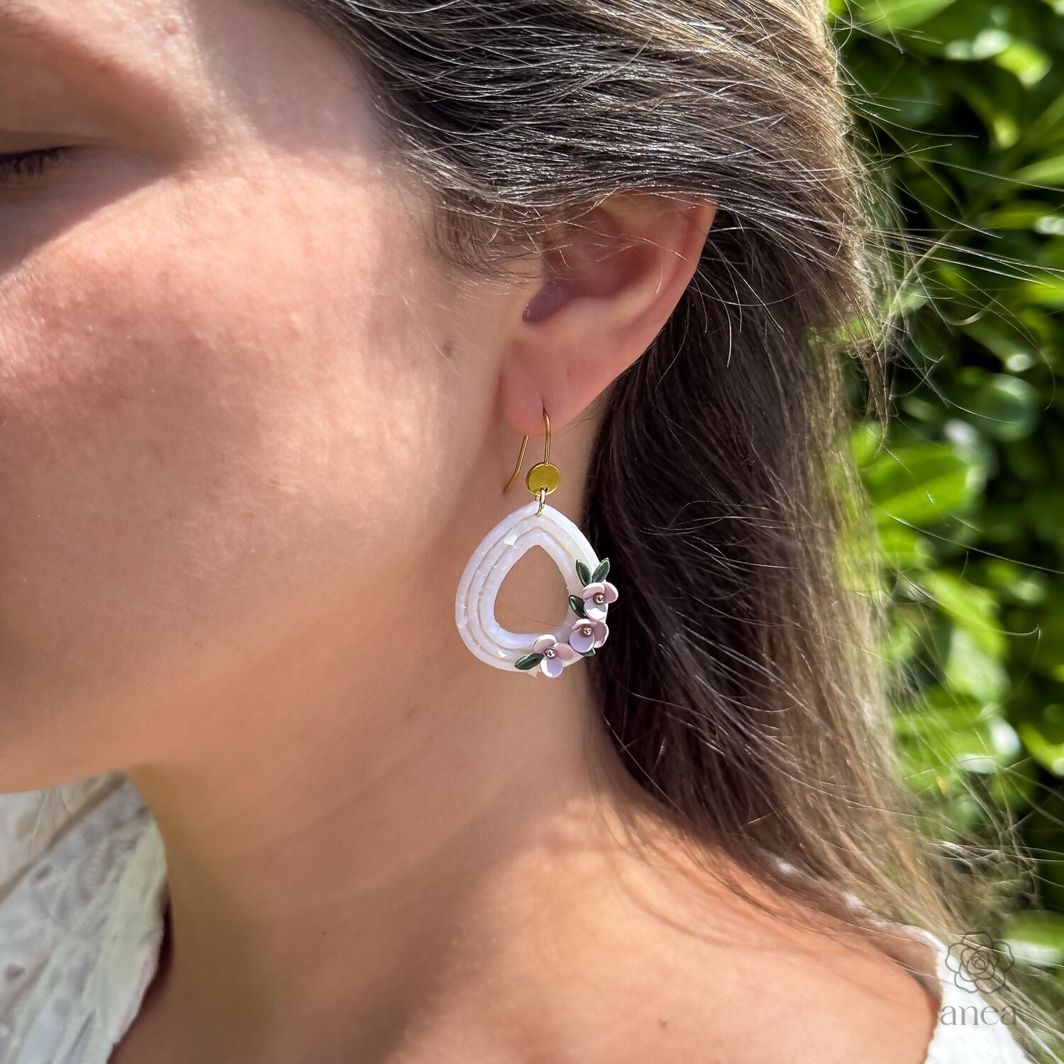 Opal Shimmer Teardrop Hoop Earrings with Floral Detail in Blush Pink
