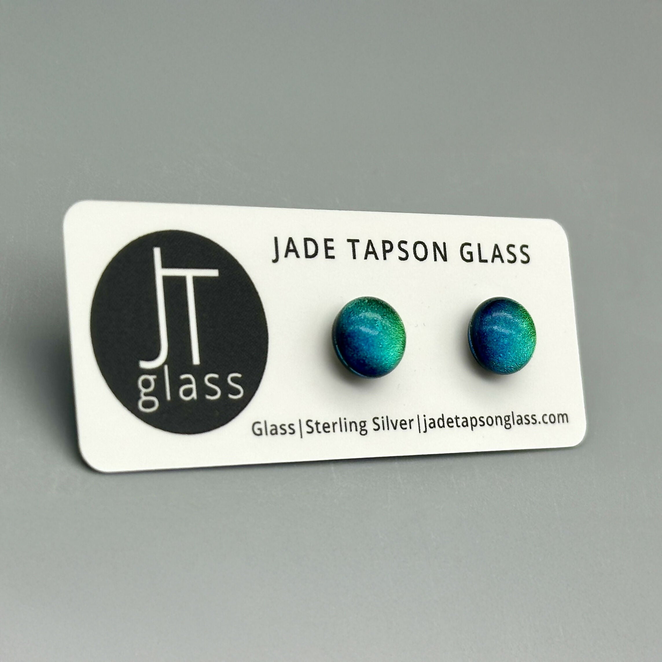 Green Dichroic Fused Glass Sterling Silver Stud Earrings - Handmade by Jade Tapson Glass.