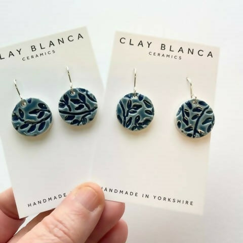 Dark Blue Leaf Pattern Round Dangles