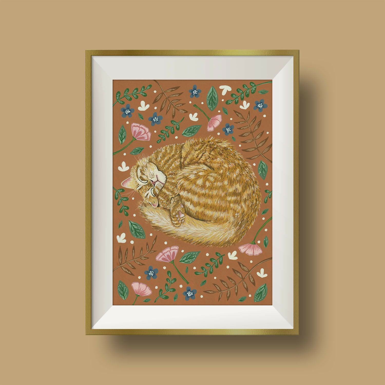 Ginger Tabby Cat Floral Art Print A4